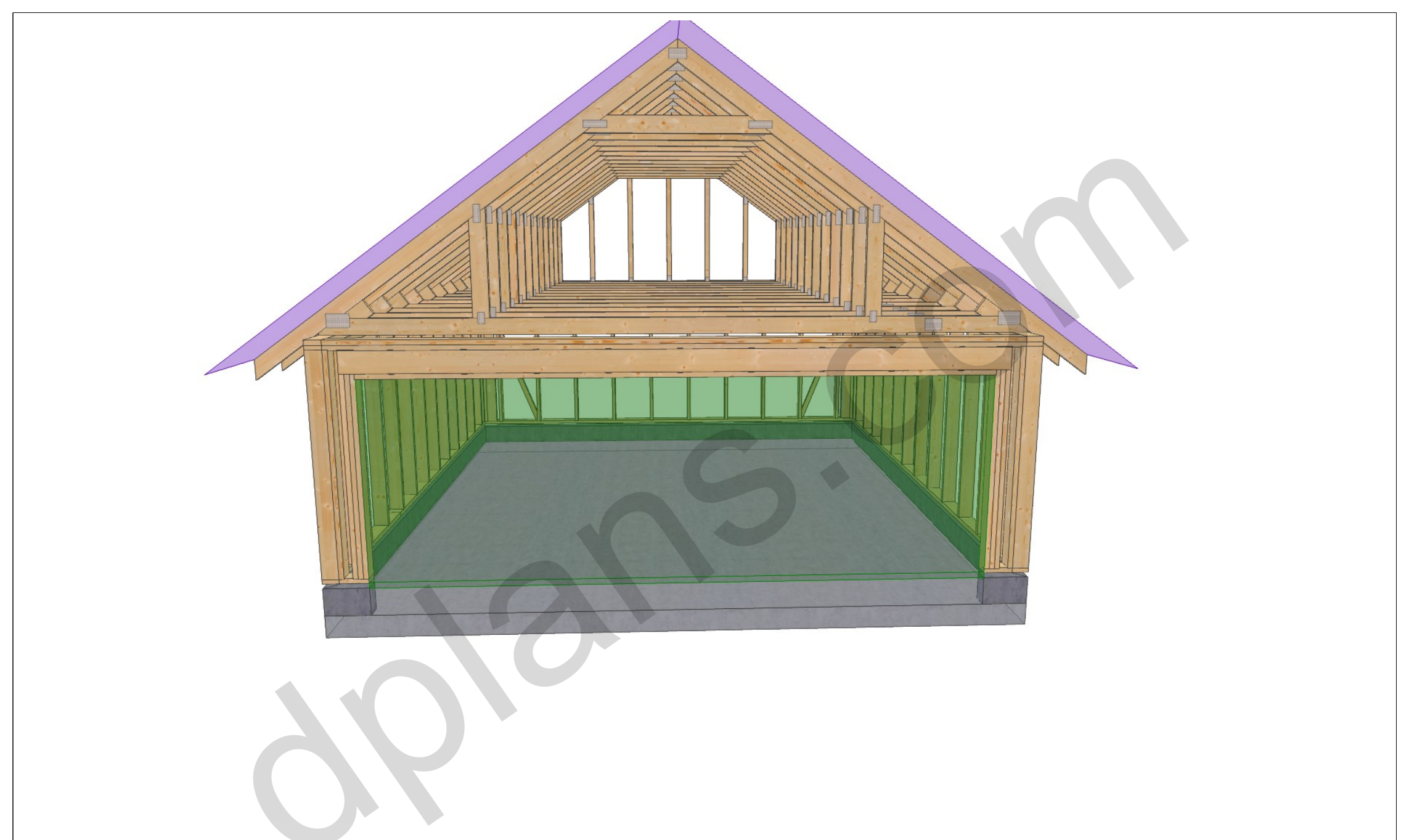 24x20 garage plans, 3D view of the timber frame with the garage door opening and roof trusses