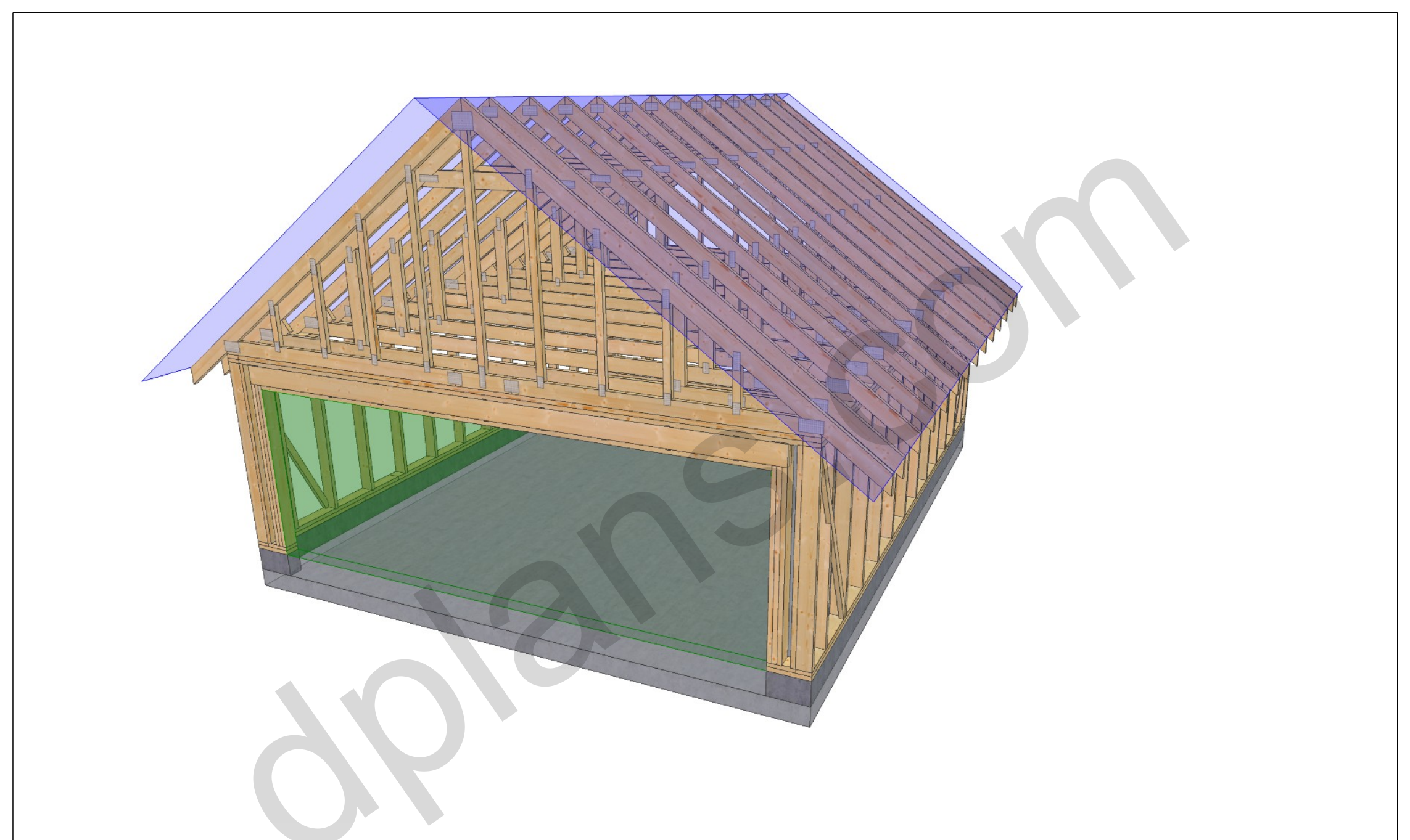 24x20 garage plans, 3D framing view of the stud walls, bracing and roof trusses over the slab
