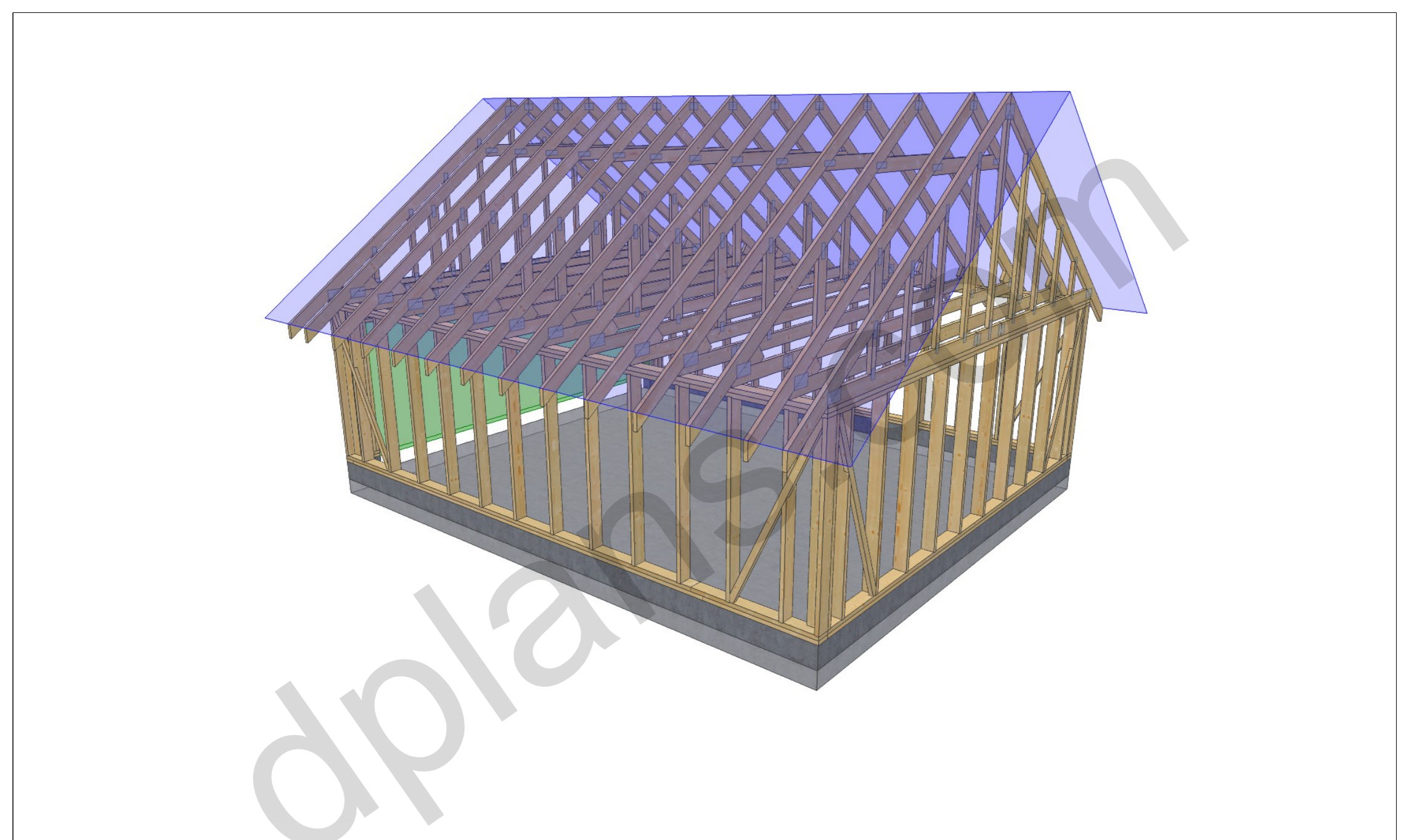 24x20 garage plans, 3D model of the timber frame garage with roof trusses on a concrete slab