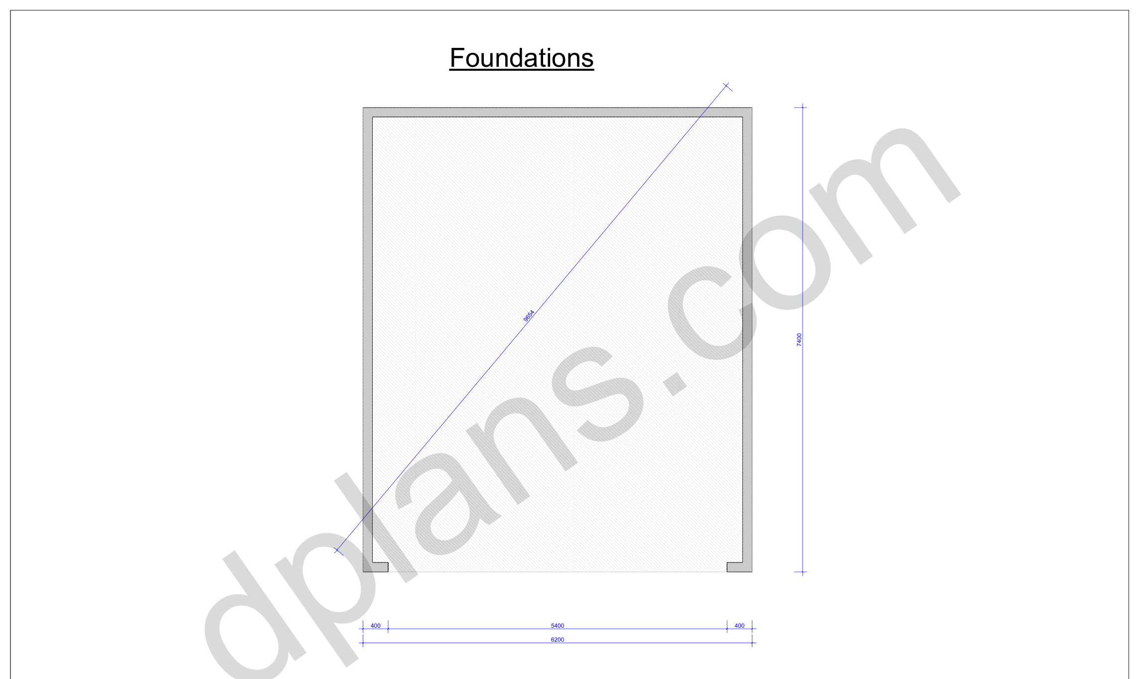 24x20 garage plans, foundation plan with the concrete slab outline and diagonal check (metric, mm)