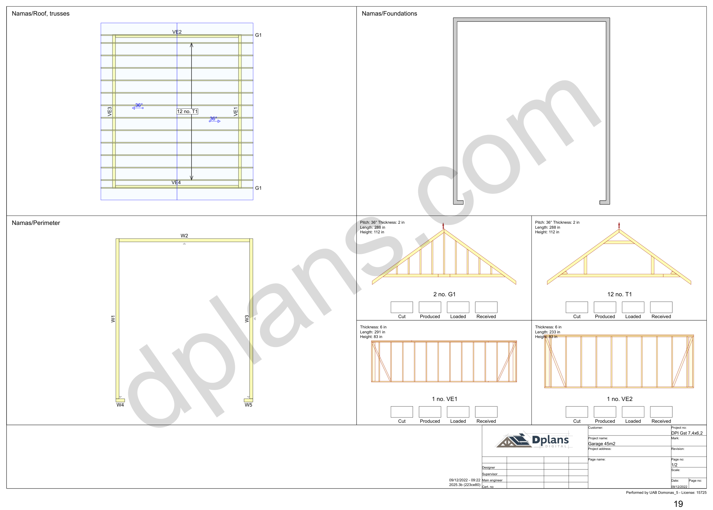 24x20 garage plans, overview sheet with the truss plan, foundation, perimeter and wall panels (imperial, inches)