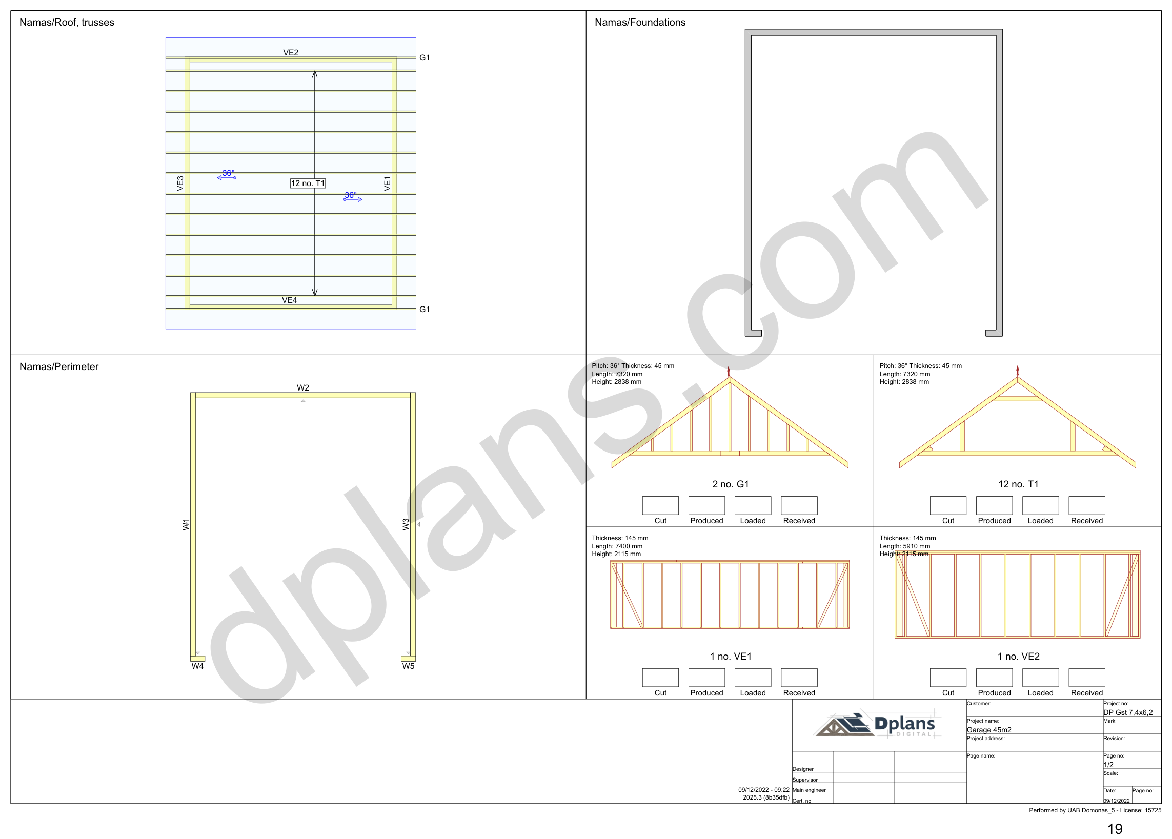 24x20 garage plans, overview sheet with the truss plan, foundation, perimeter and wall panels (metric, mm)