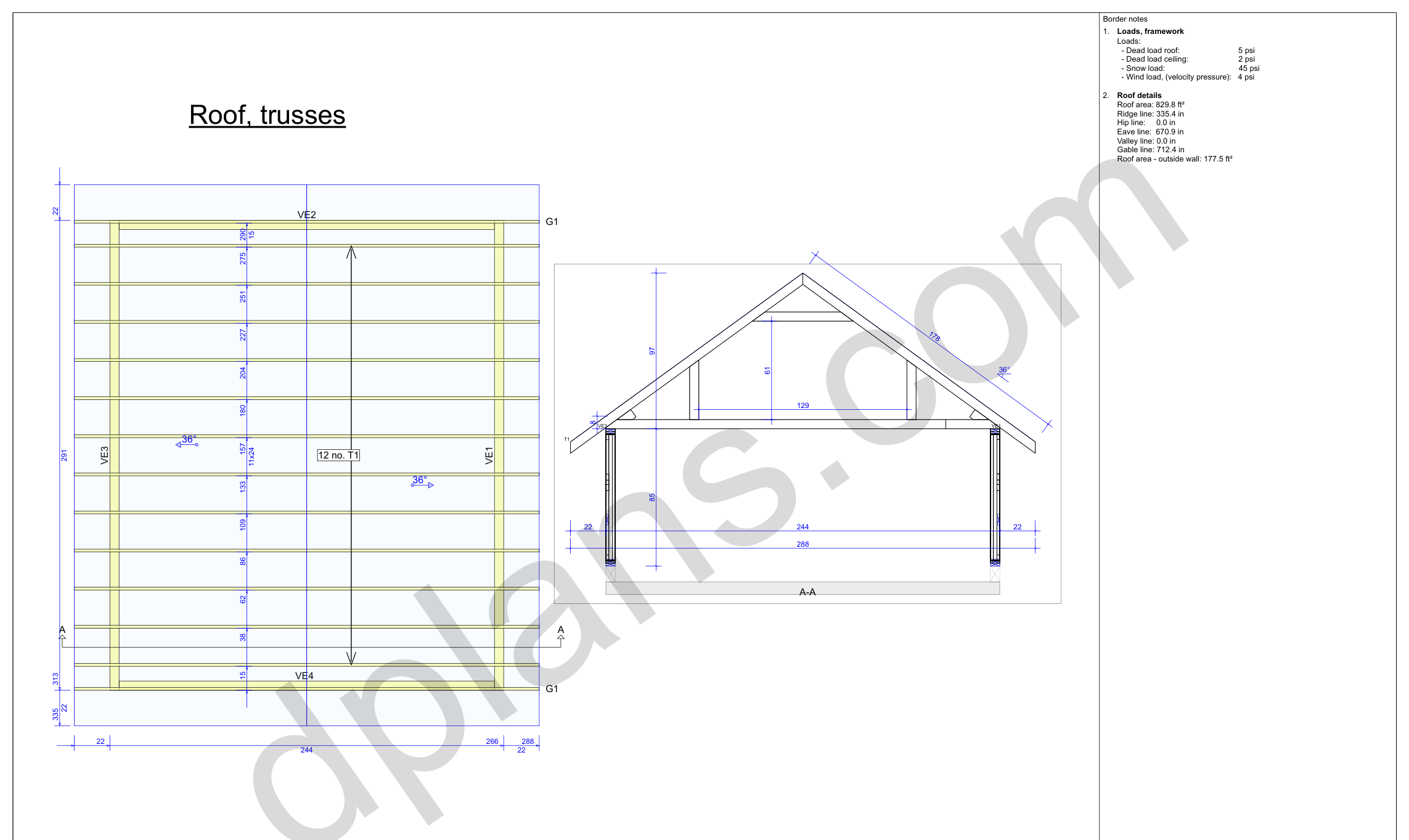 24x20 garage plans, roof truss layout plan and cross section with wall and ridge heights (imperial, inches)