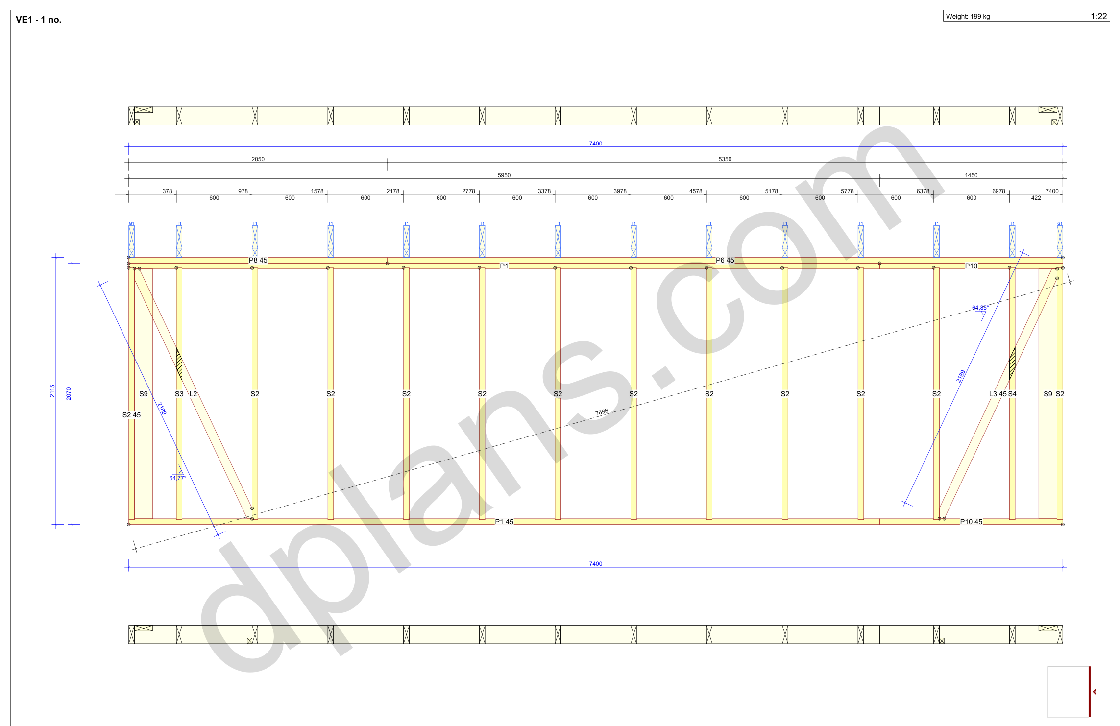 24x20 garage plans, wall panel framing elevation with stud spacing and the cut list (metric, mm)