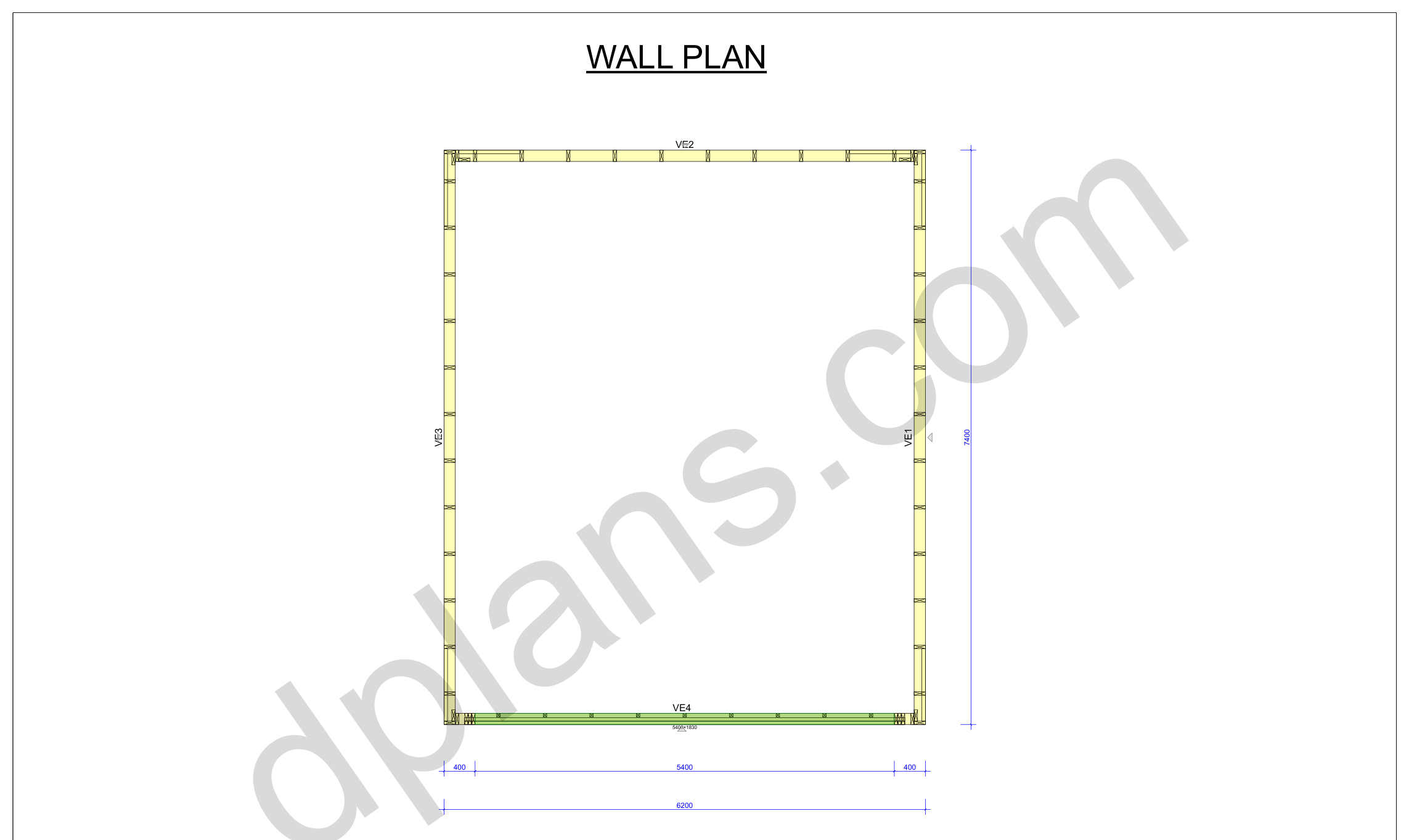24x20 garage plans, wall layout plan with the four wall panels and the door opening (metric, mm)
