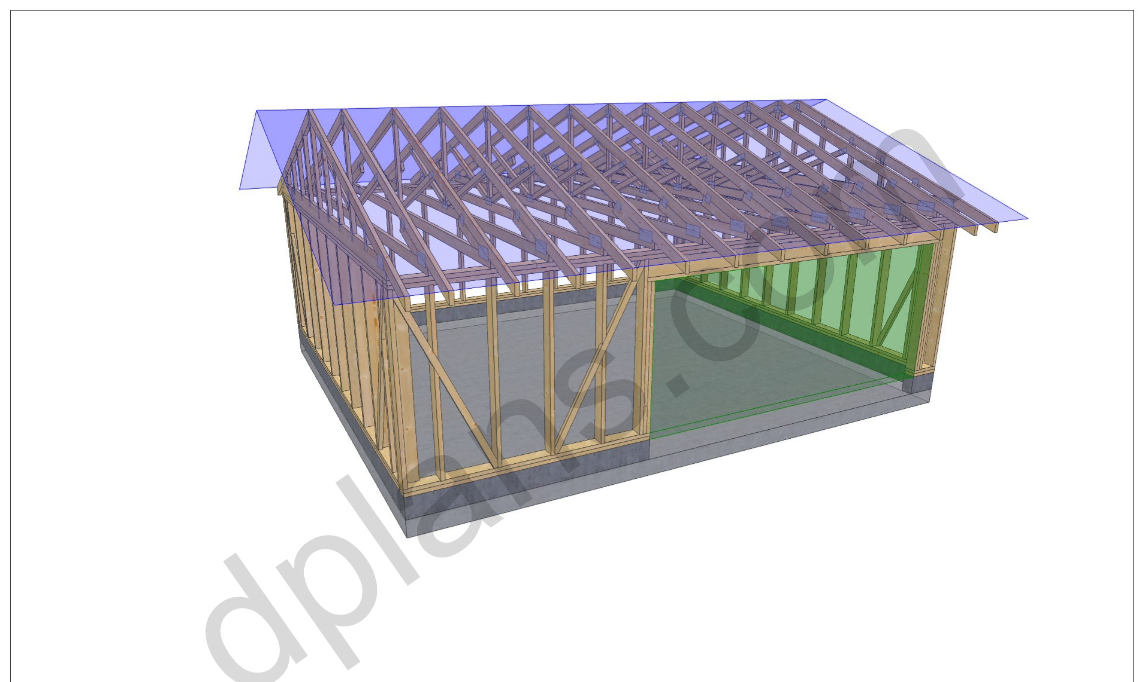 24x20 garage plans, 3D framing view of the stud walls, bracing and roof trusses over the slab