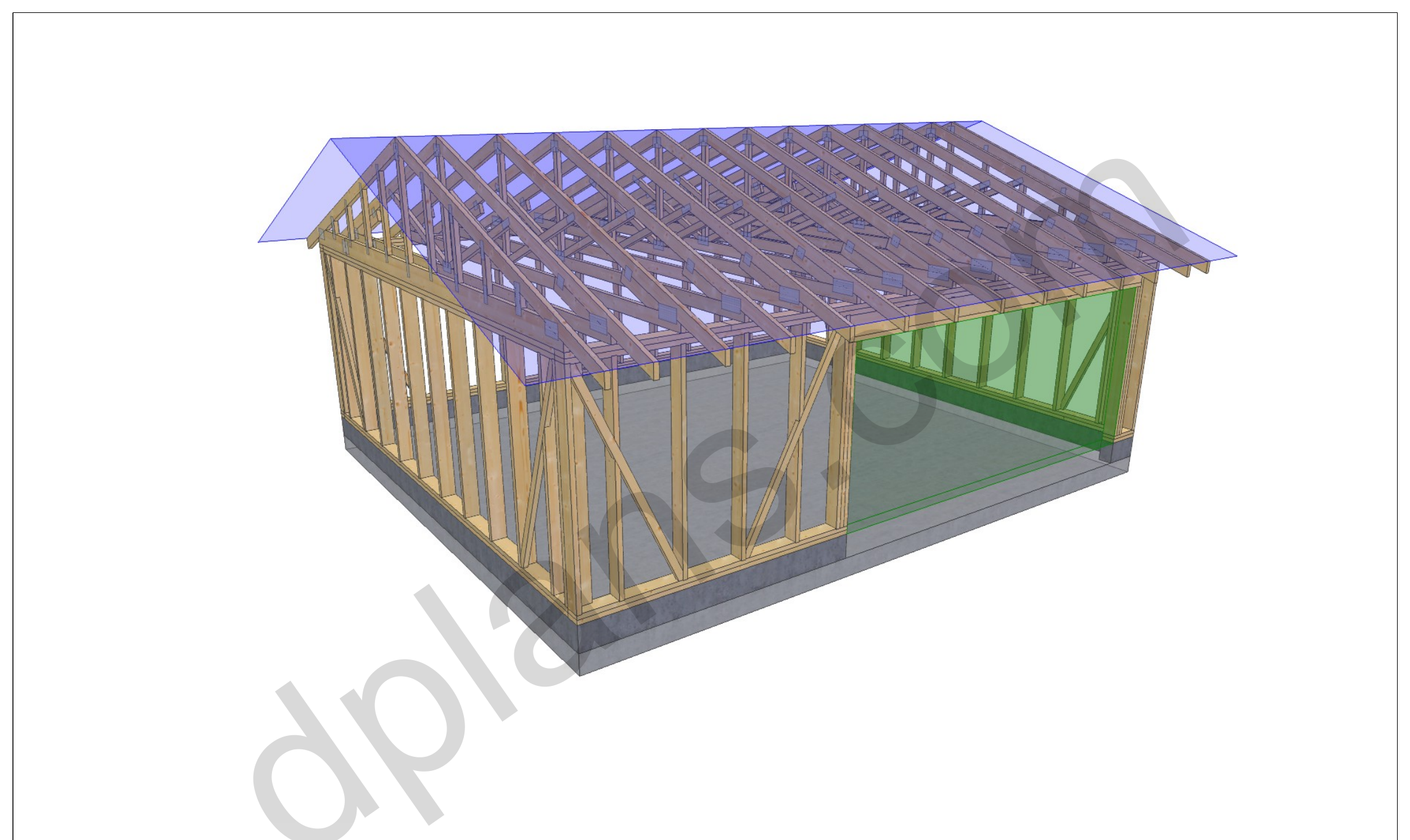 24x20 garage plans, 3D model of the timber frame garage with roof trusses on a concrete slab