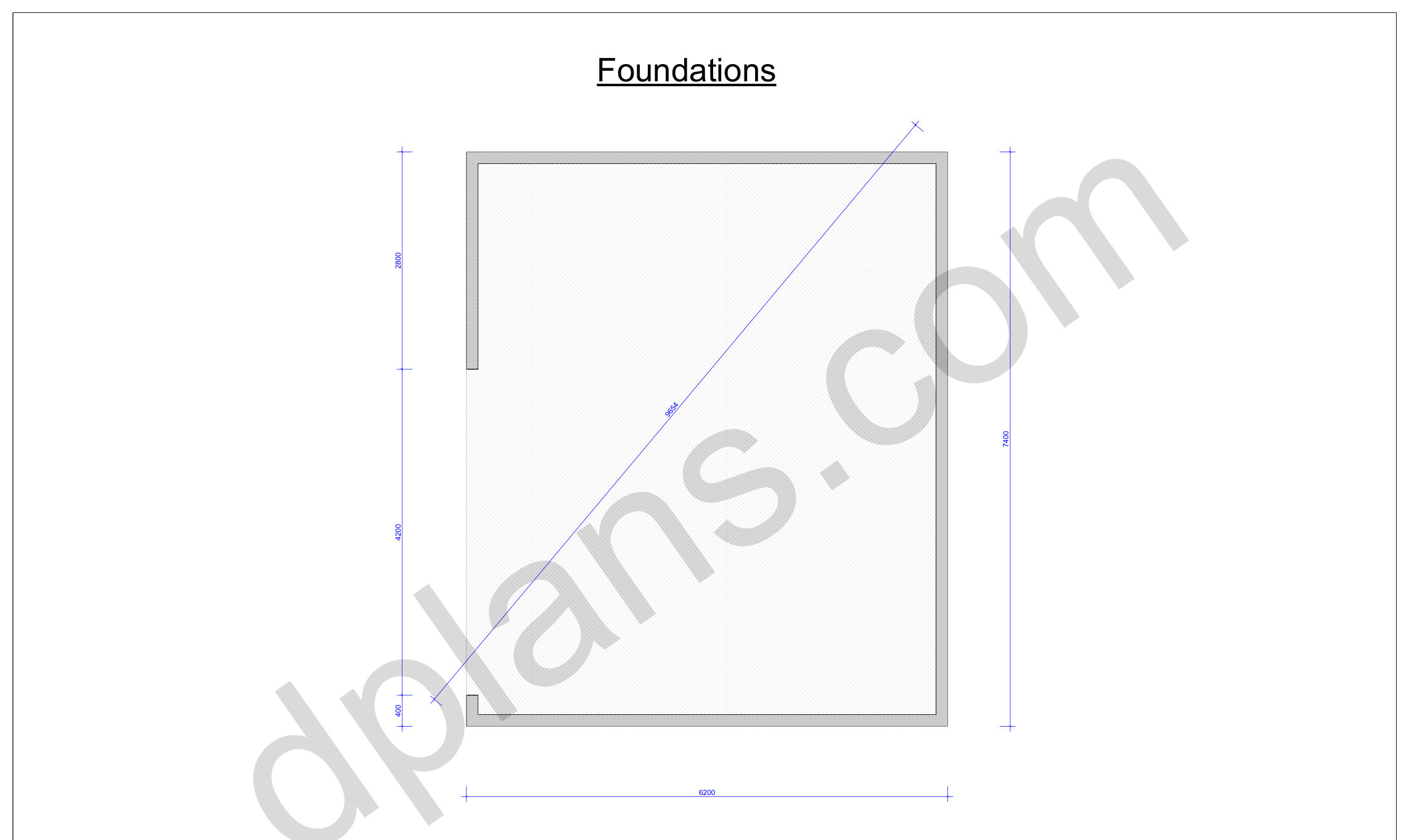 Planos de garaje 24x20, plano de cimentación con el contorno de la losa y la verificación de diagonales (métrico, mm)