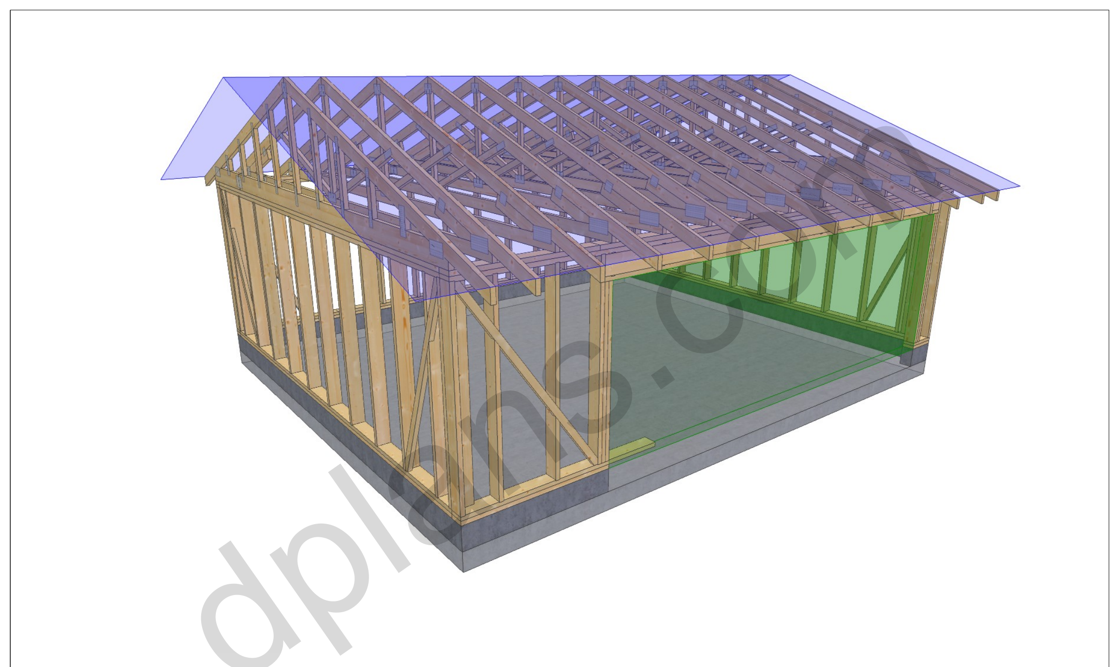 24x20 garage plans, 3D framing view of the stud walls, bracing and roof trusses over the slab
