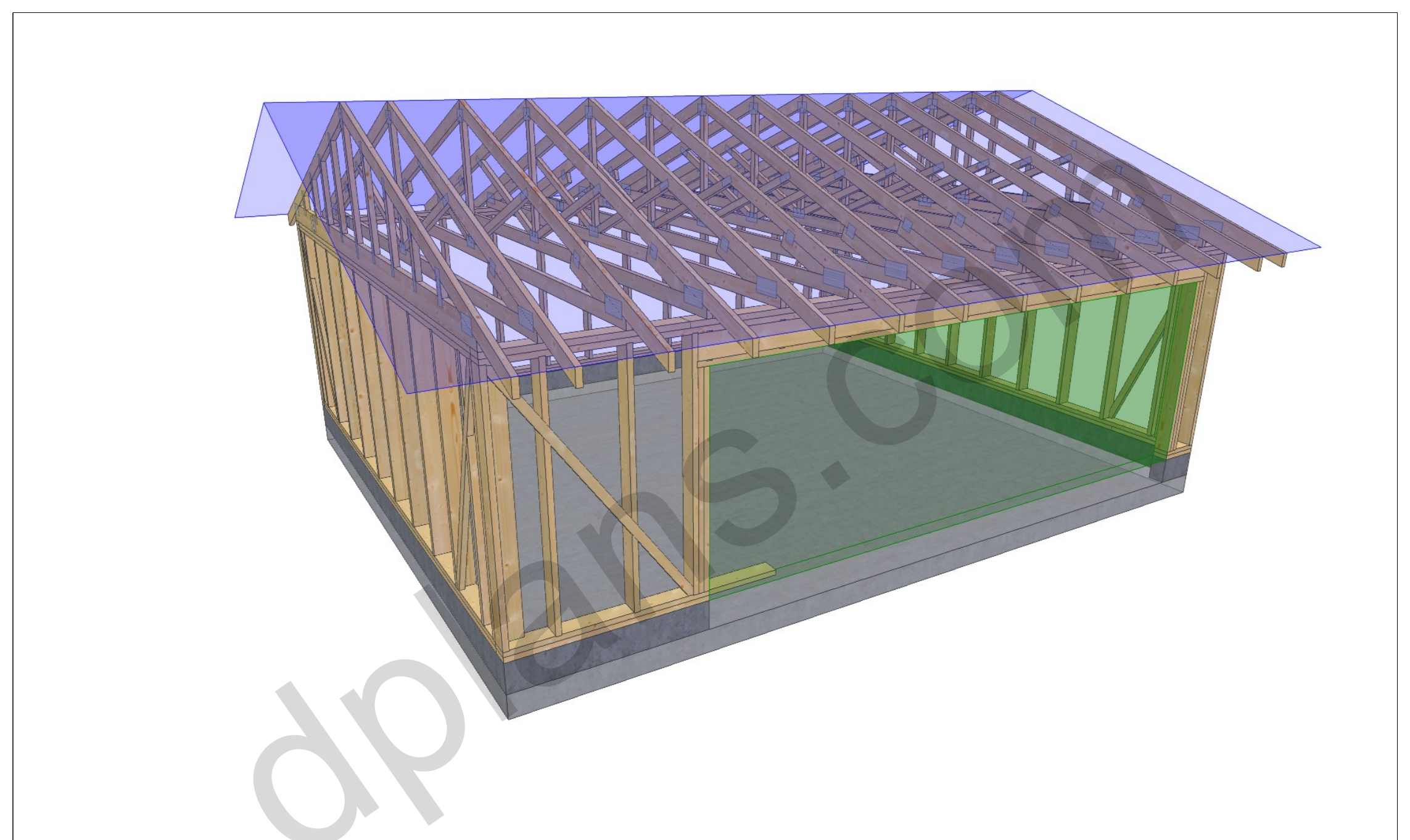 24x20 garage plans, 3D model of the timber frame garage with roof trusses on a concrete slab