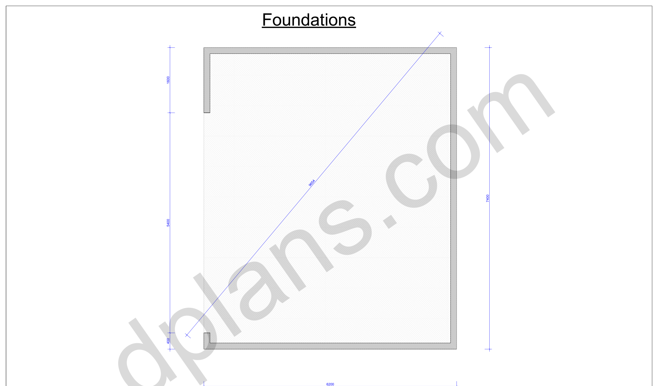 Planos de garaje 24x20, plano de cimentación con el contorno de la losa y la verificación de diagonales (métrico, mm)