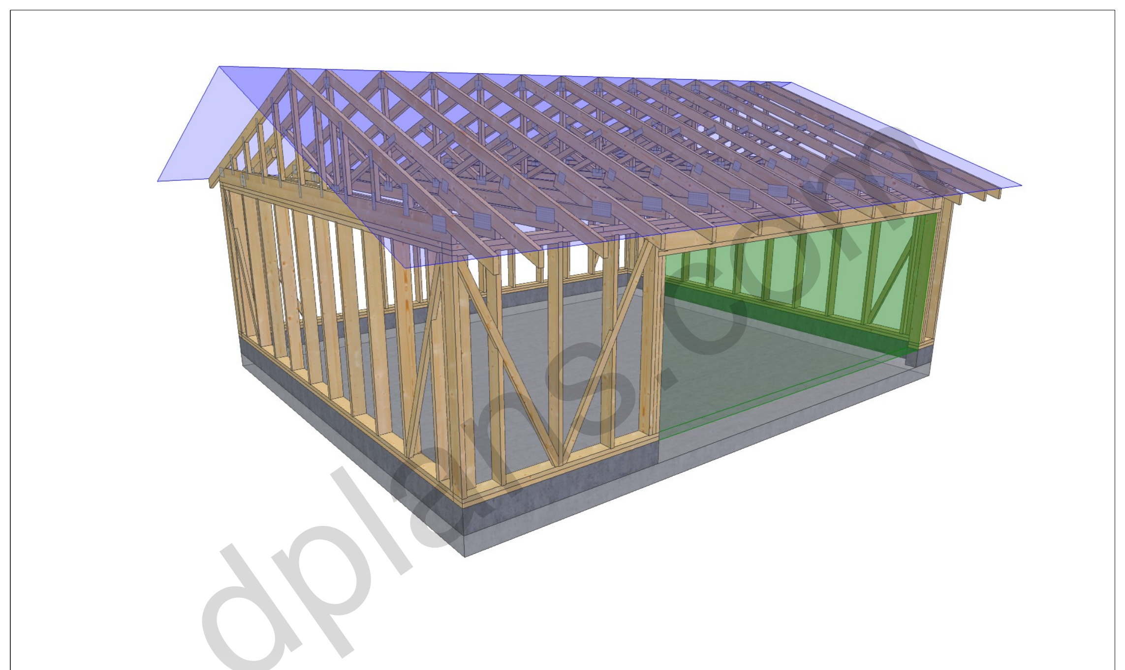 24x20 garage plans, 3D framing view of the stud walls, bracing and roof trusses over the slab