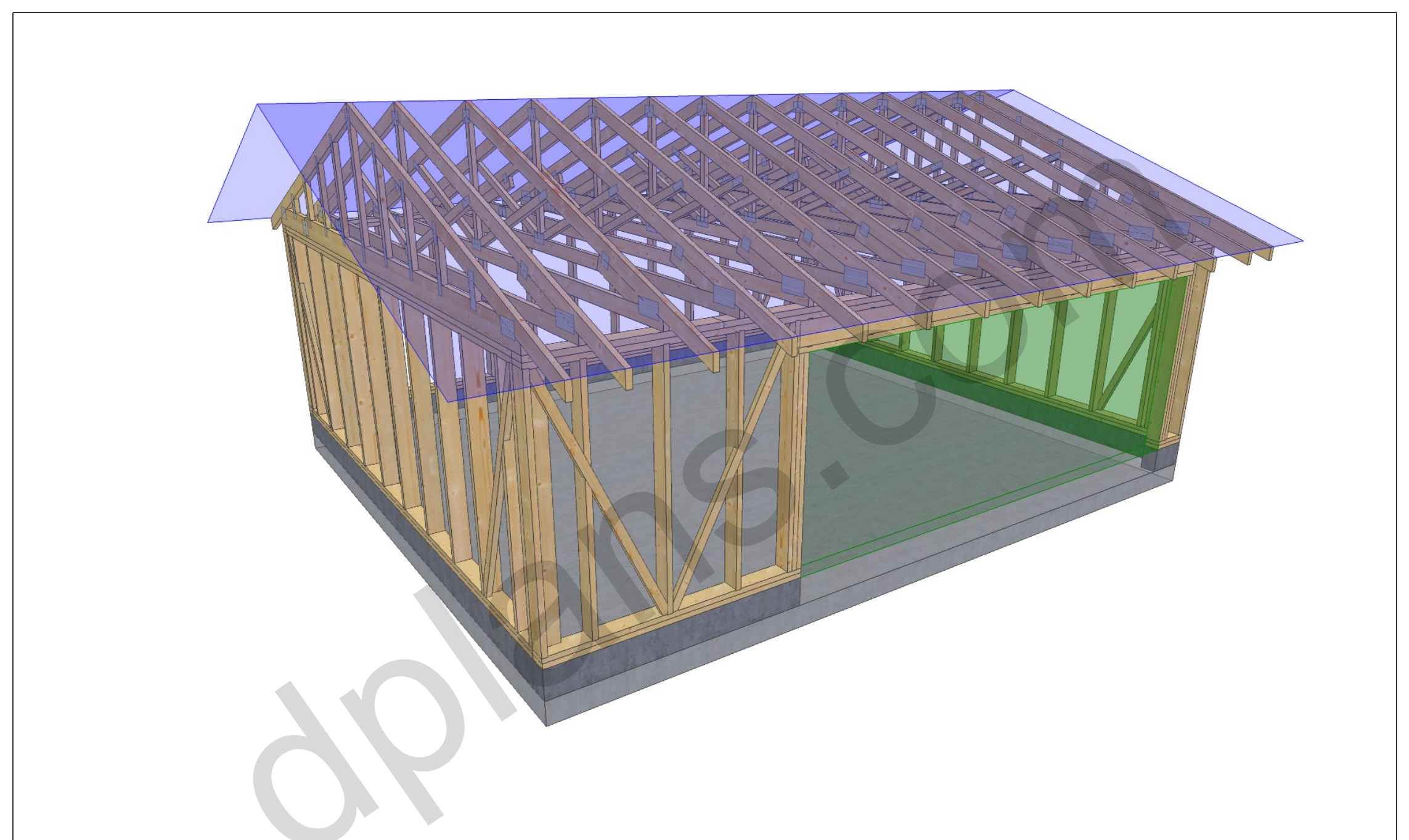 24x20 garage plans, 3D model of the timber frame garage with roof trusses on a concrete slab