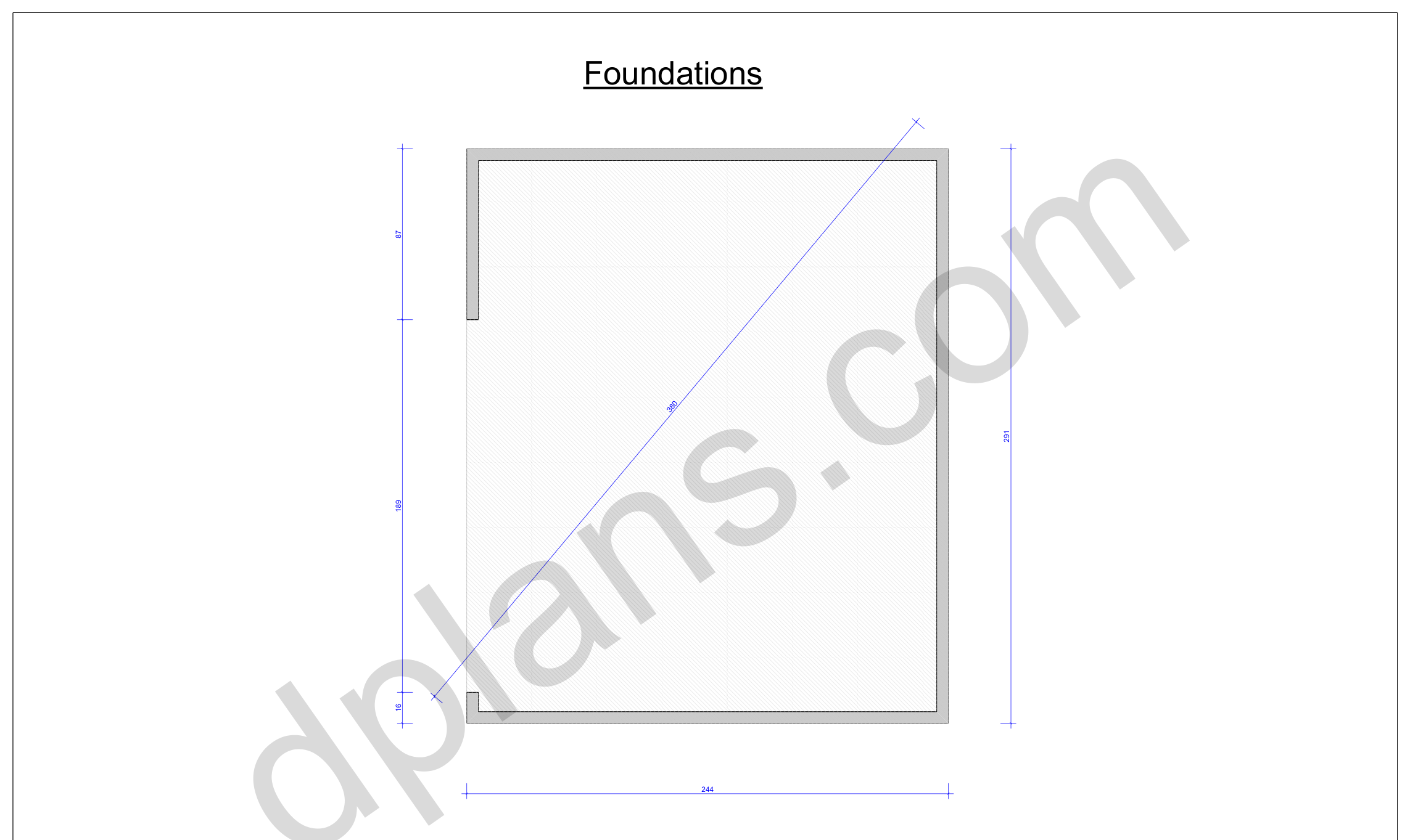 24x20 garage plans, foundation plan with the concrete slab outline and diagonal check (imperial, inches)