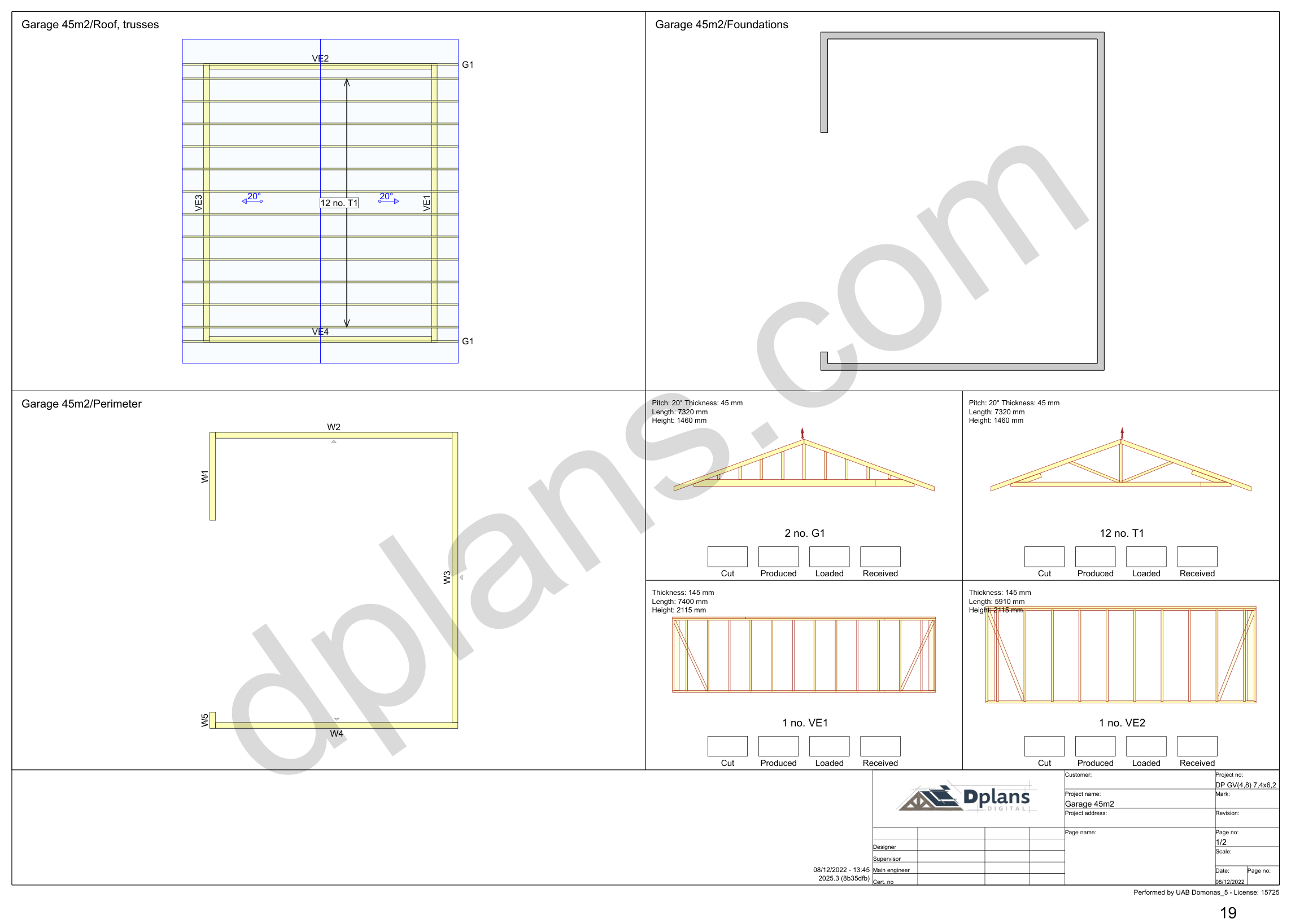 24x20 garage plans, overview sheet with the truss plan, foundation, perimeter and wall panels (metric, mm)