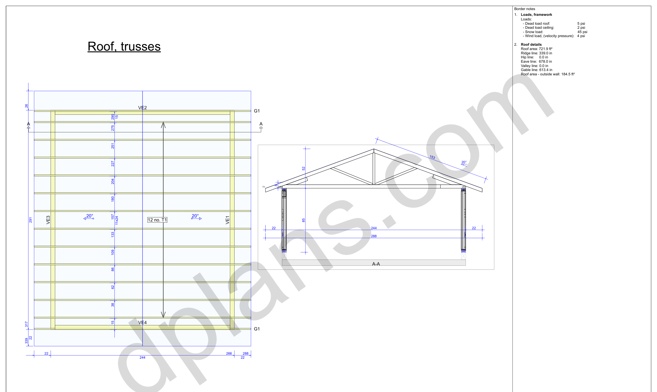 24x20 garage plans, roof truss layout plan and cross section with wall and ridge heights (imperial, inches)