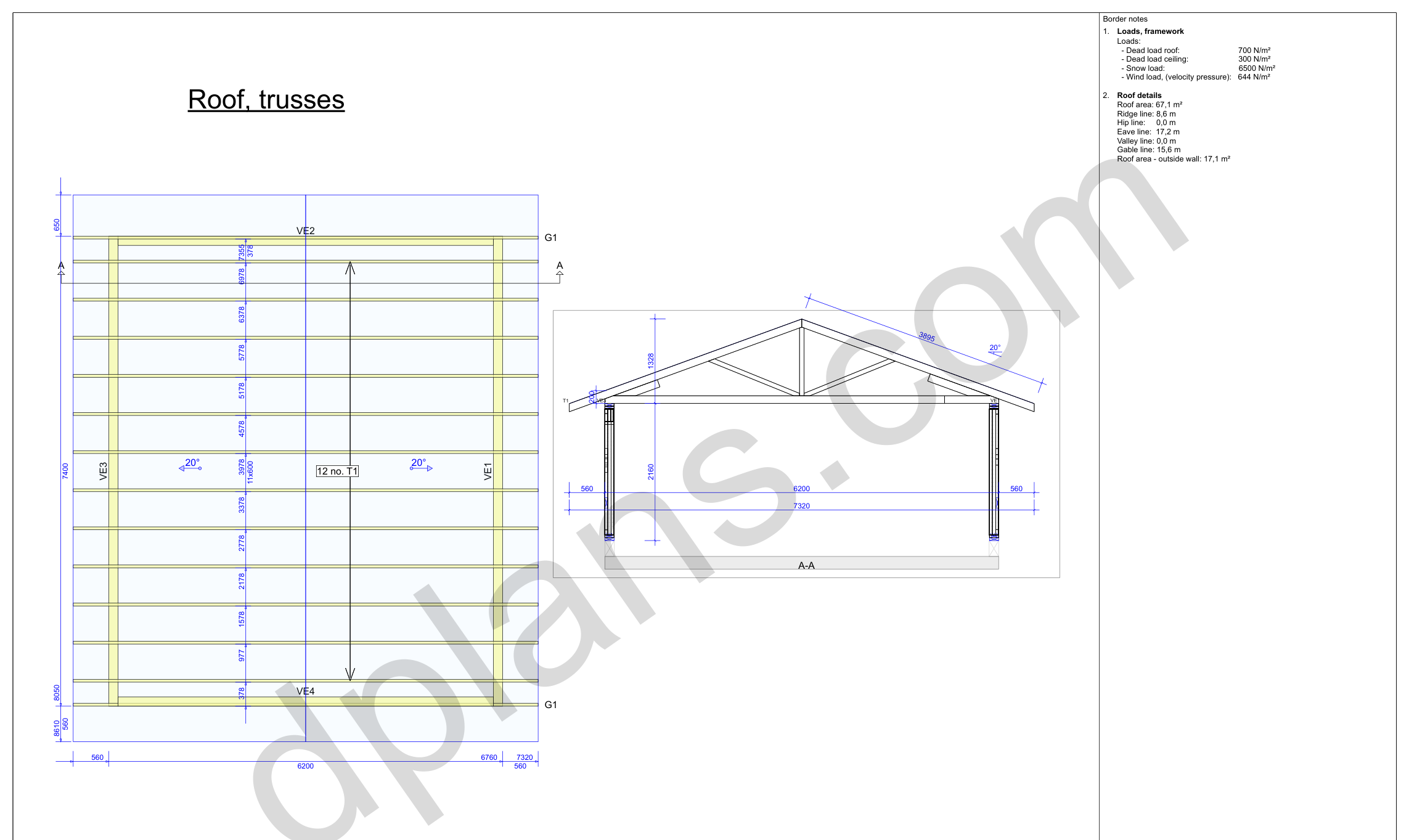 24x20 garage plans, roof truss layout plan and cross section with wall and ridge heights (metric, mm)