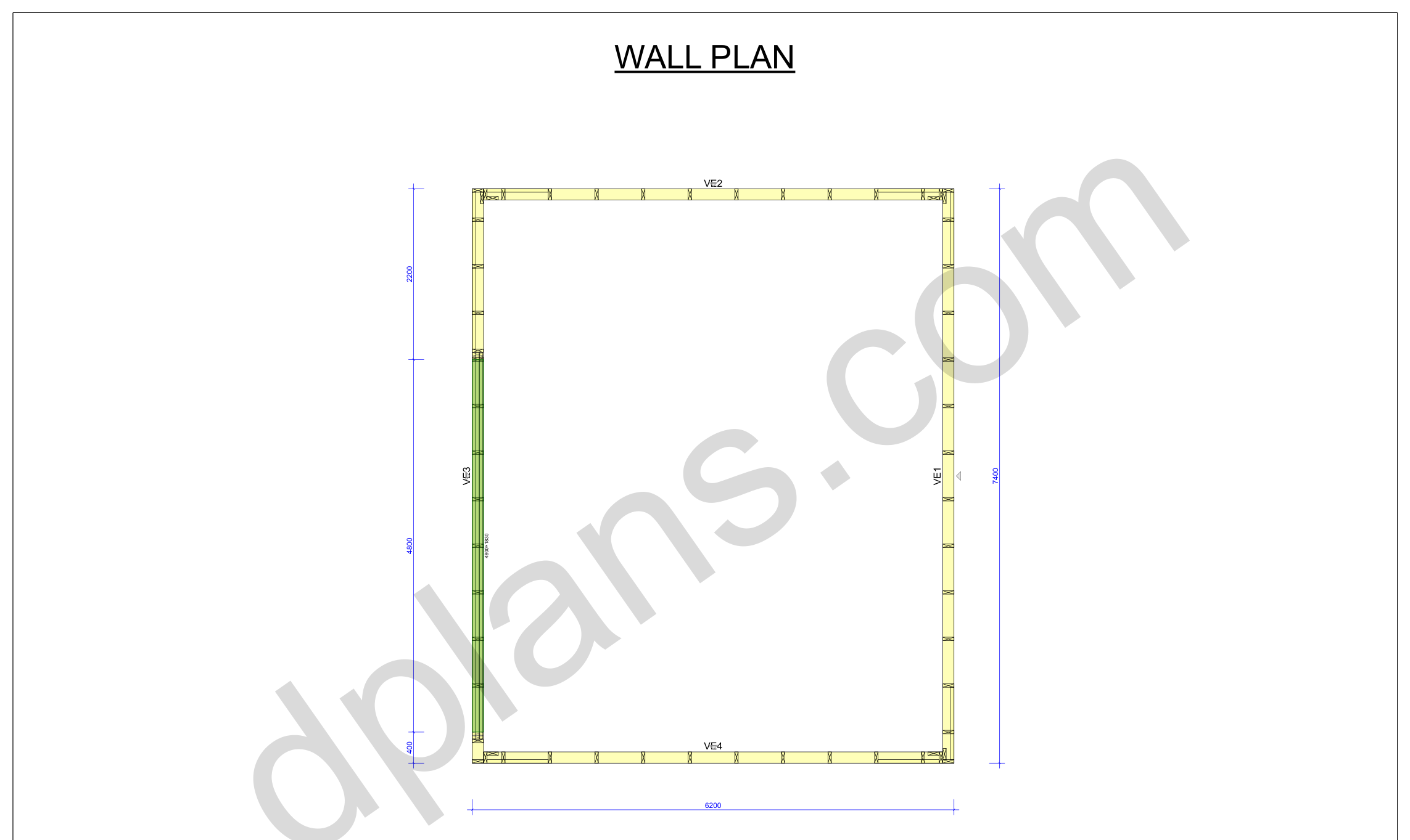 24x20 garage plans, wall layout plan with the four wall panels and the door opening (metric, mm)