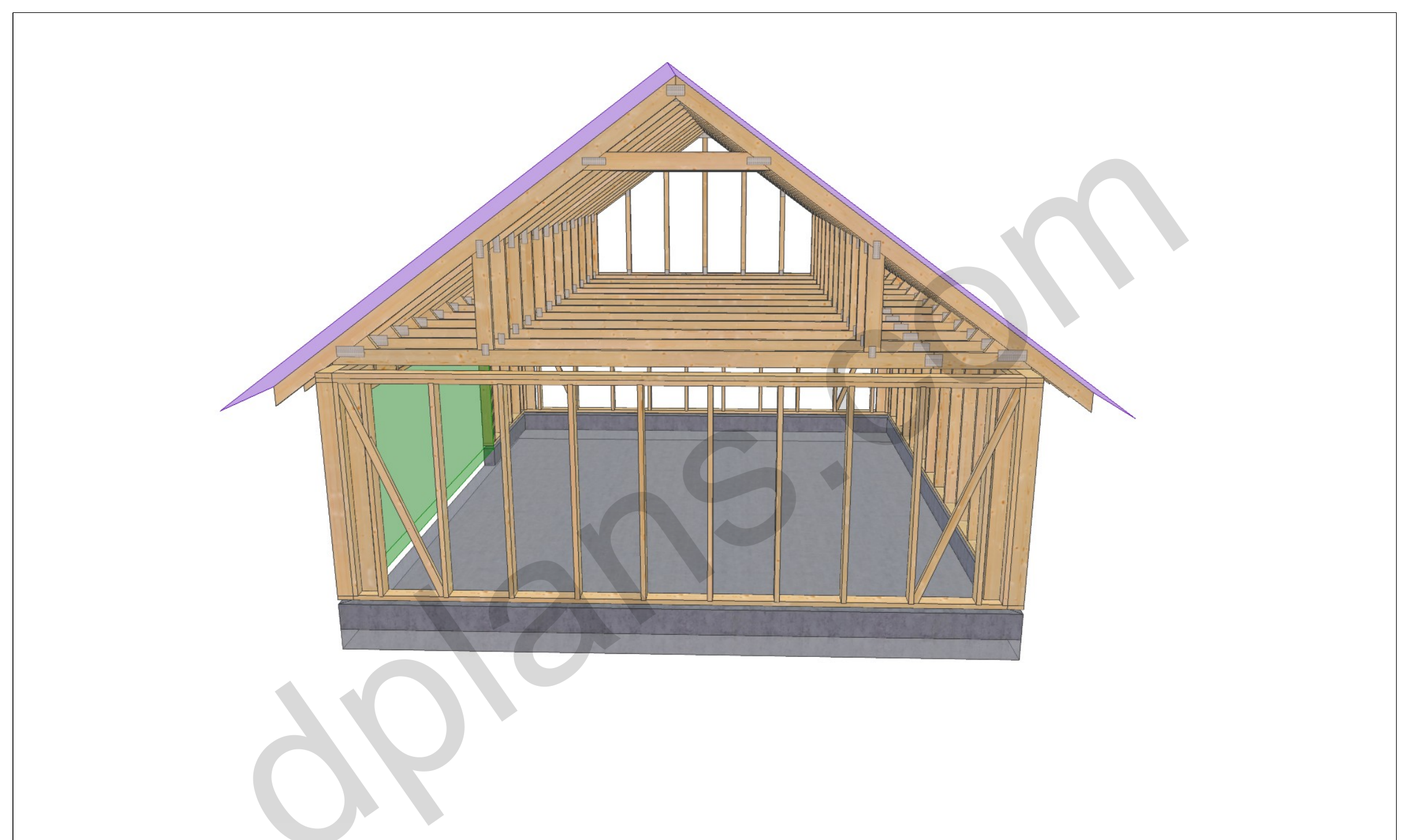 24x20 garage plans, 3D view of the timber frame with the garage door opening and roof trusses