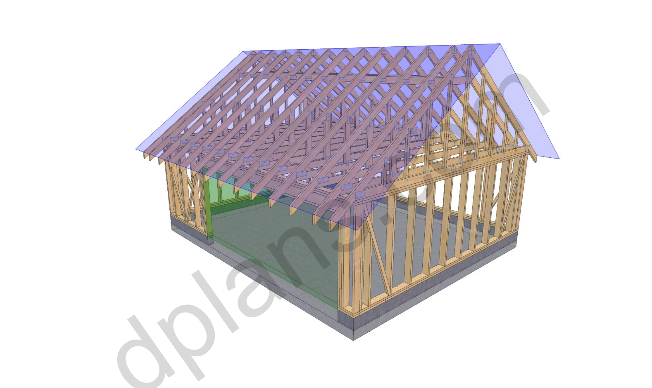 24x20 garage plans, 3D framing view of the stud walls, bracing and roof trusses over the slab