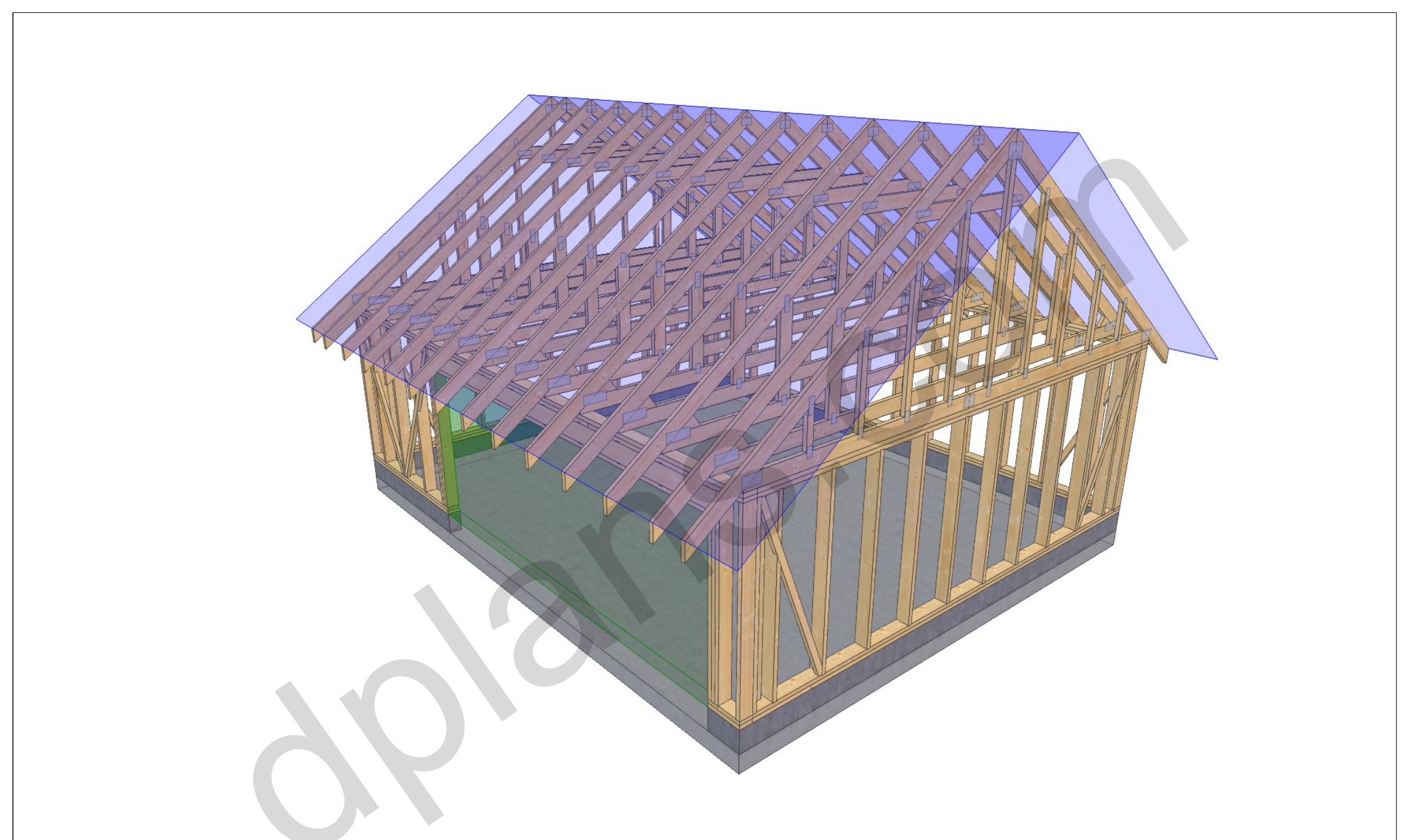 24x20 garage plans, 3D model of the timber frame garage with roof trusses on a concrete slab