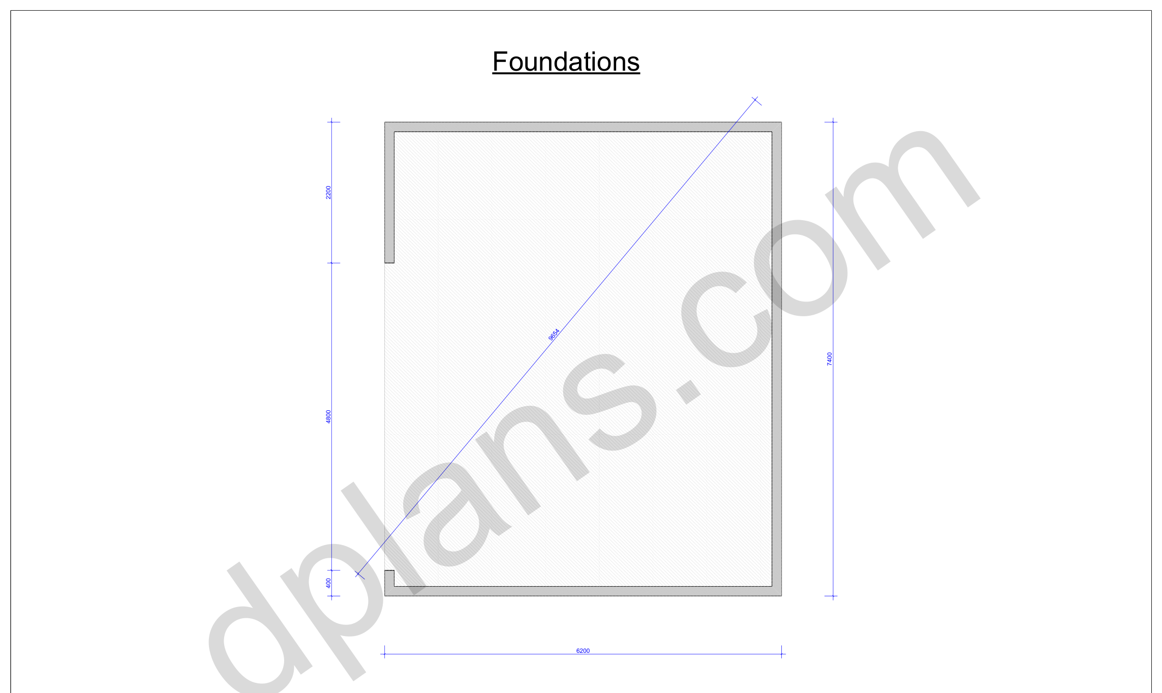 24x20 garage plans, foundation plan with the concrete slab outline and diagonal check (metric, mm)