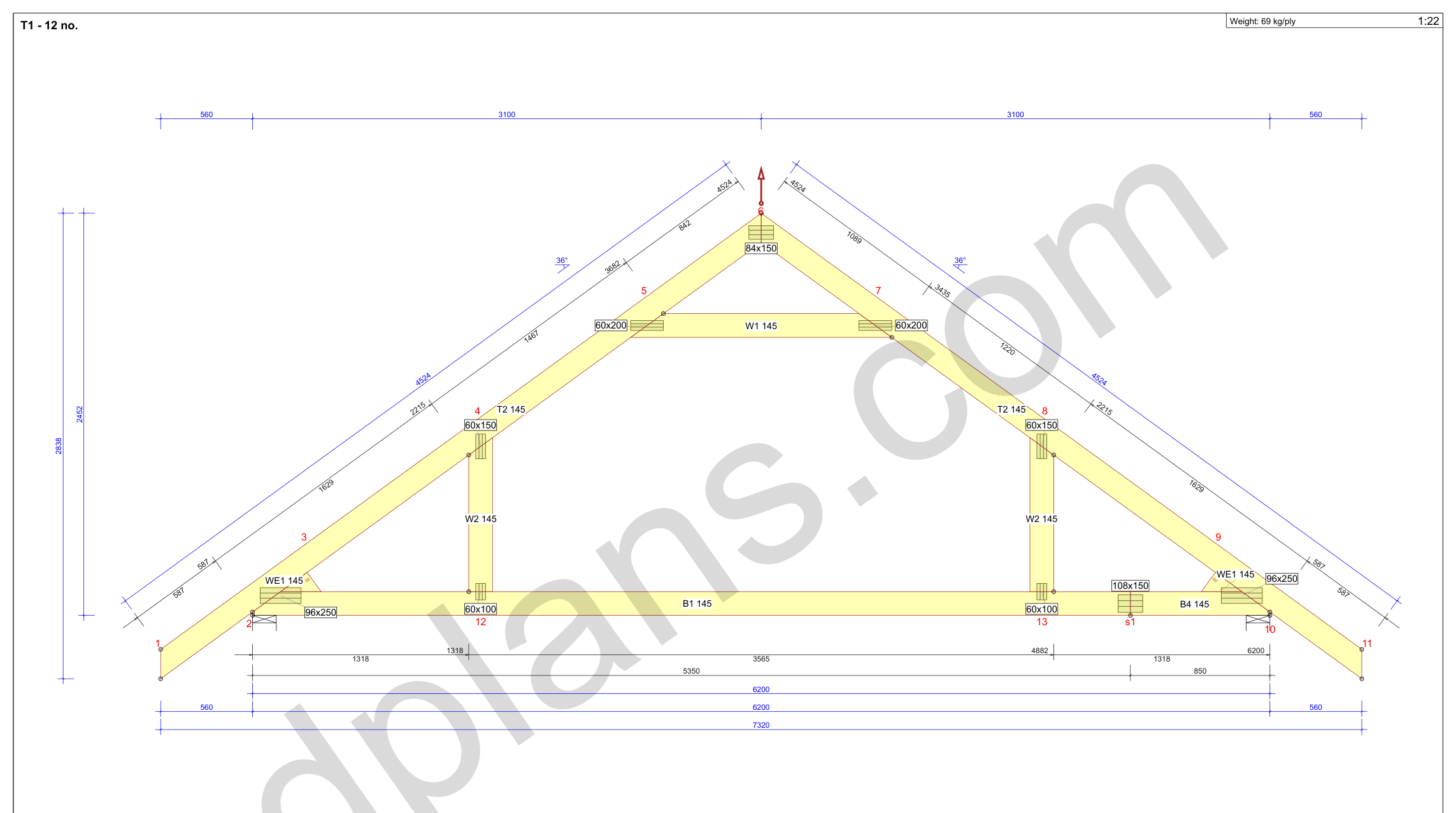 24x20 garage plans, roof truss drawing with chord and web sizes and the cutting list (metric, mm)