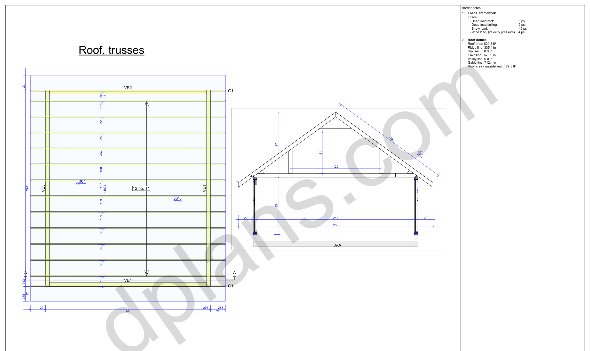 24x20 garage plans, roof truss layout plan and cross section with wall and ridge heights (imperial, inches)