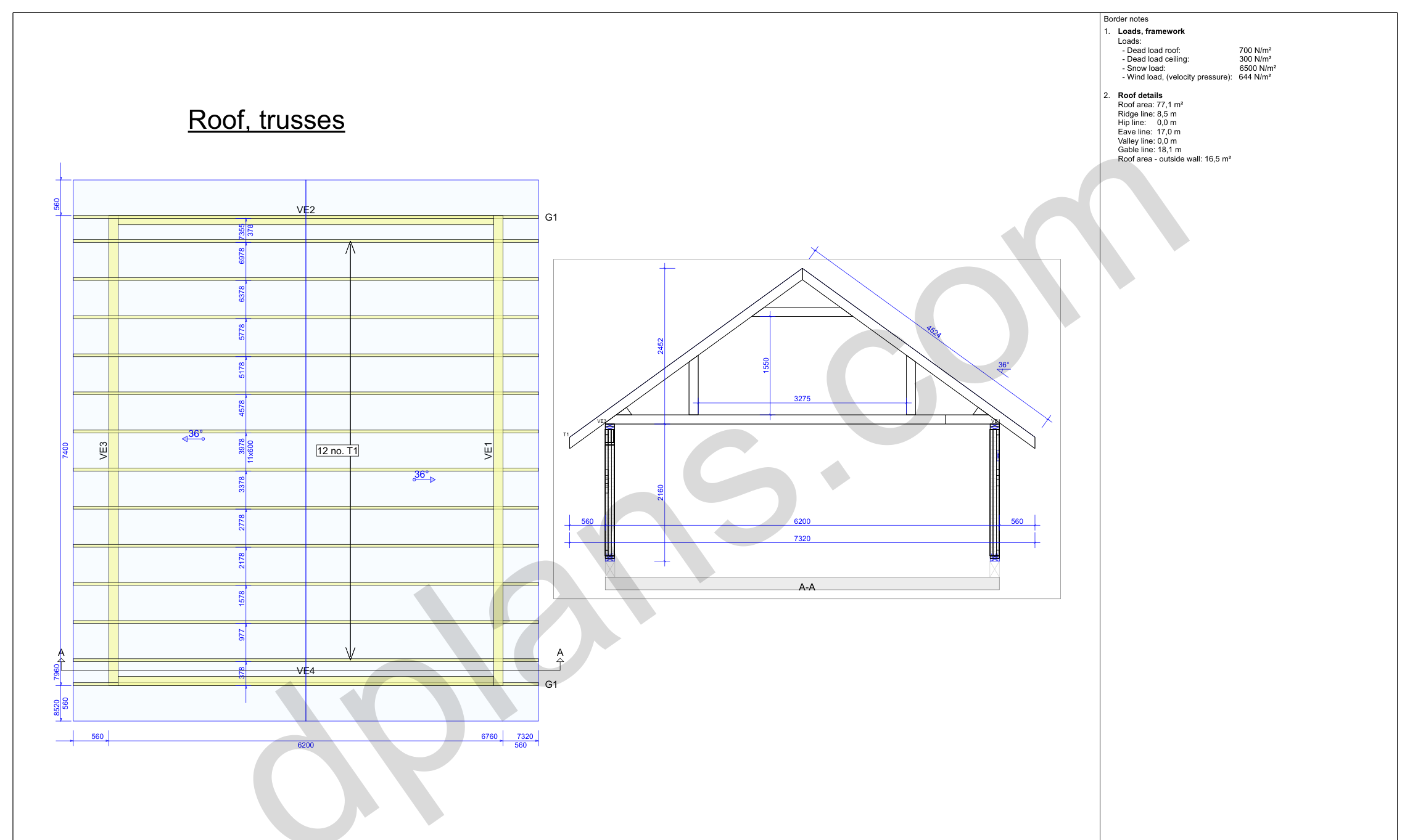 24x20 garage plans, roof truss layout plan and cross section with wall and ridge heights (metric, mm)