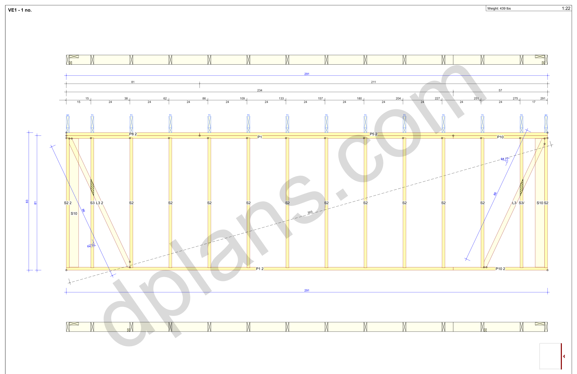 24x20 garage plans, wall panel framing elevation with stud spacing and the cut list (imperial, inches)