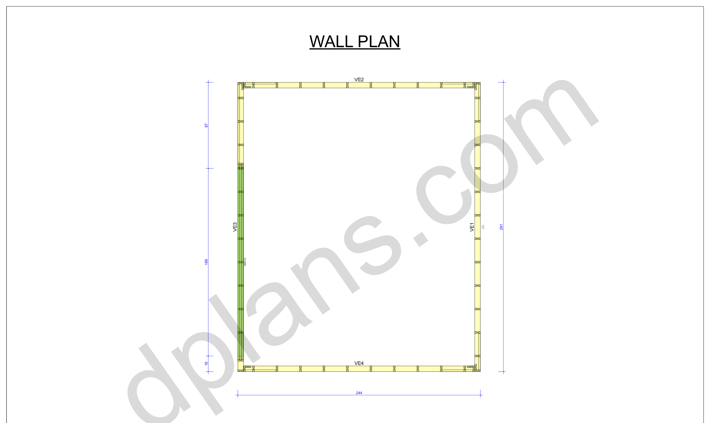 24x20 garage plans, wall layout plan with the four wall panels and the door opening (imperial, inches)