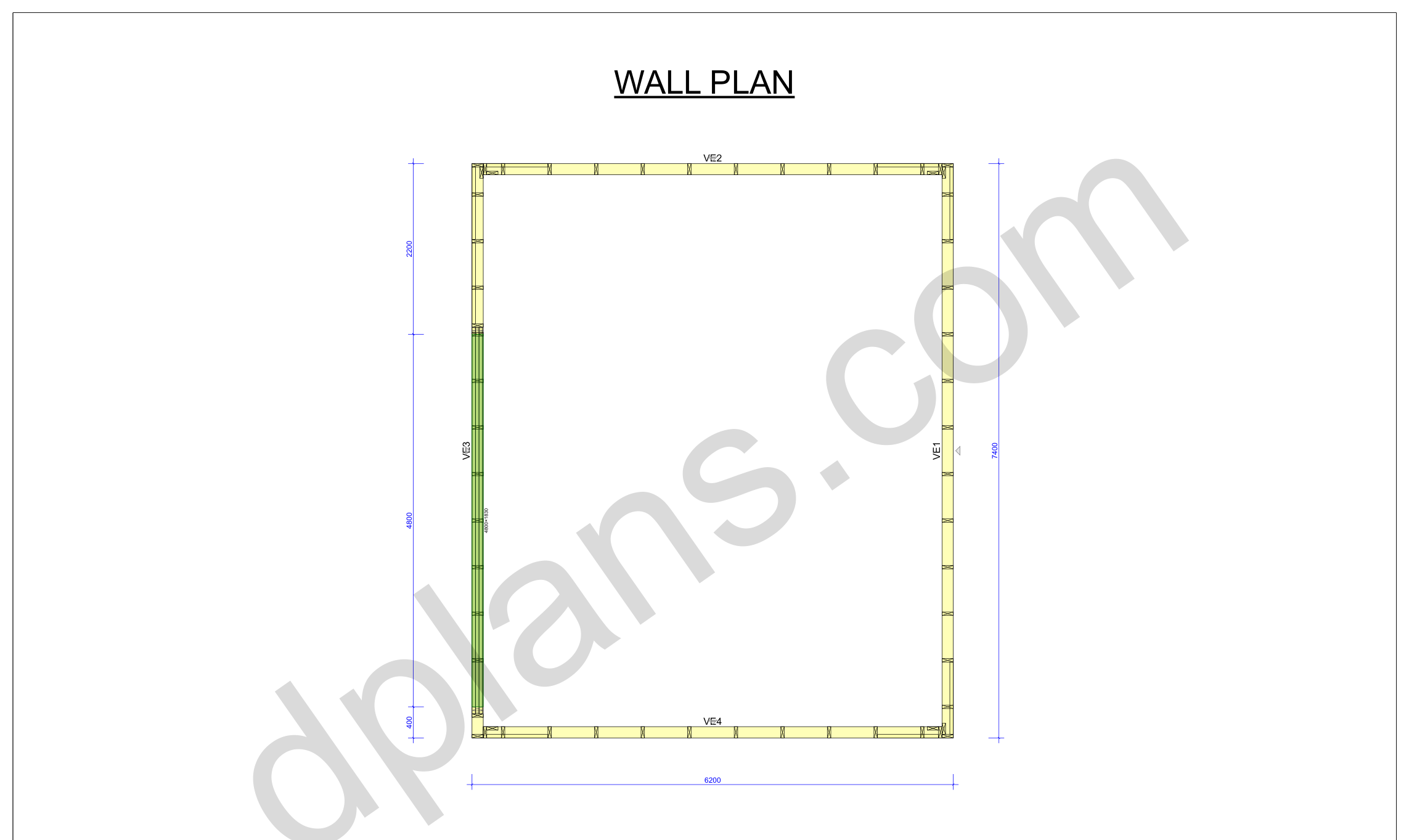 24x20 garage plans, wall layout plan with the four wall panels and the door opening (metric, mm)