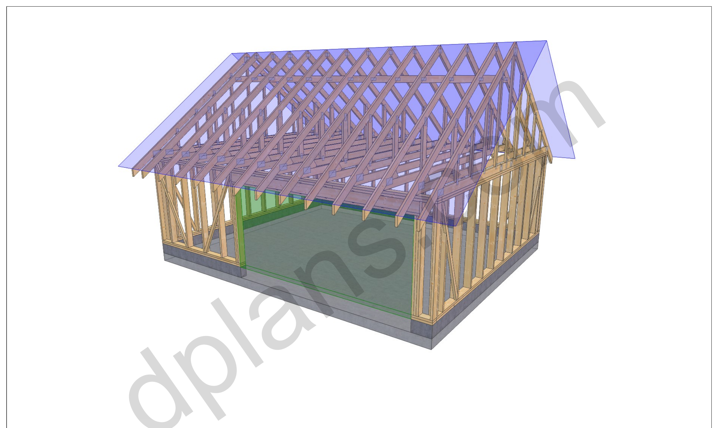24x20 garage plans, 3D framing view of the stud walls, bracing and roof trusses over the slab