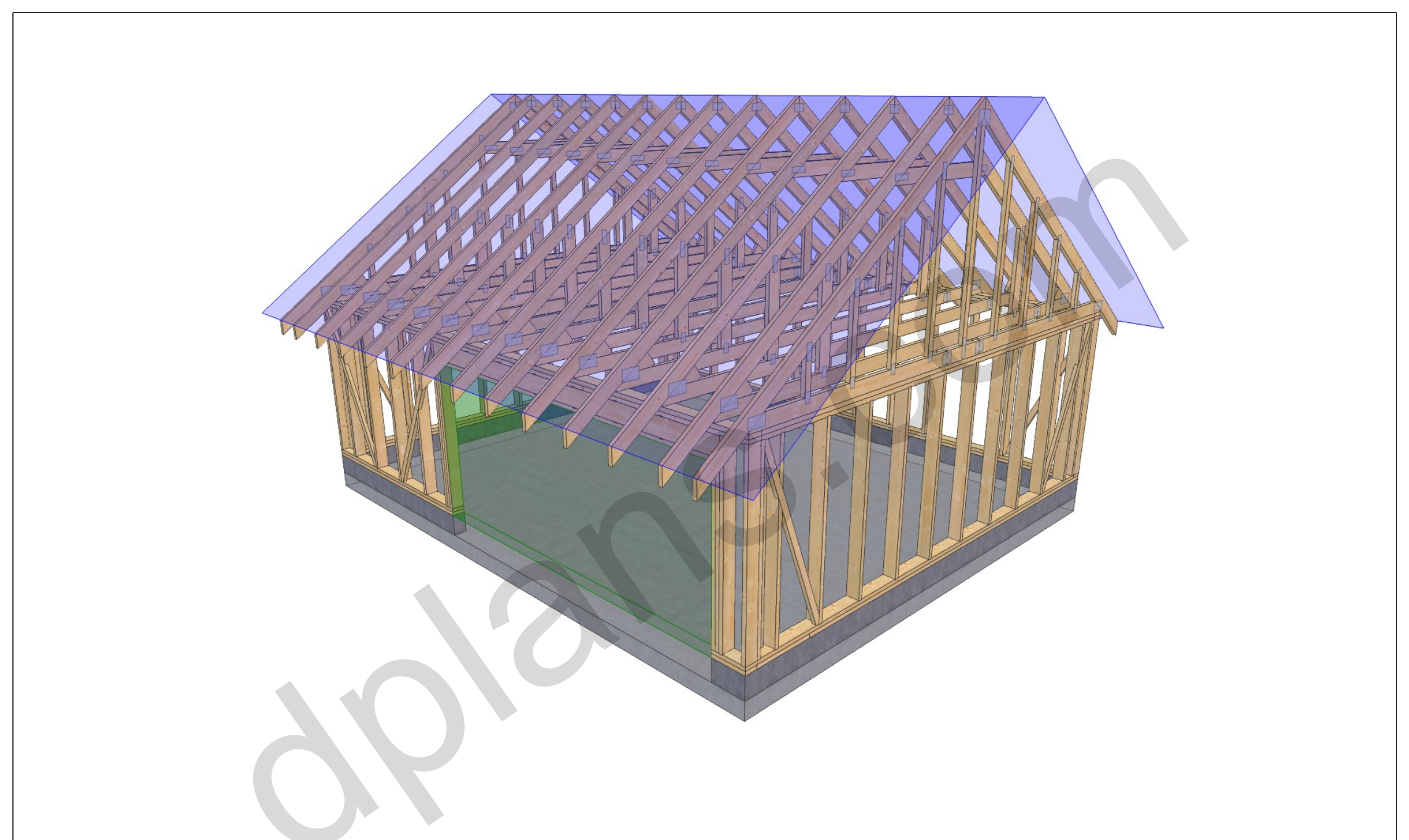 24x20 garage plans, 3D model of the timber frame garage with roof trusses on a concrete slab