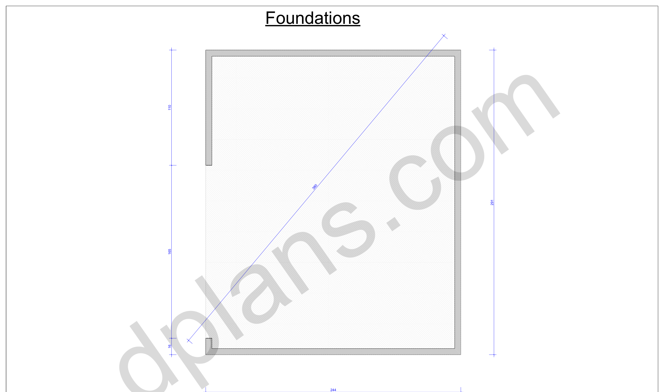 Garagen-Bauplan 7,4 x 6,2 m, Fundamentplan mit Umriss der Betonbodenplatte und Diagonalkontrolle (imperial, Zoll)