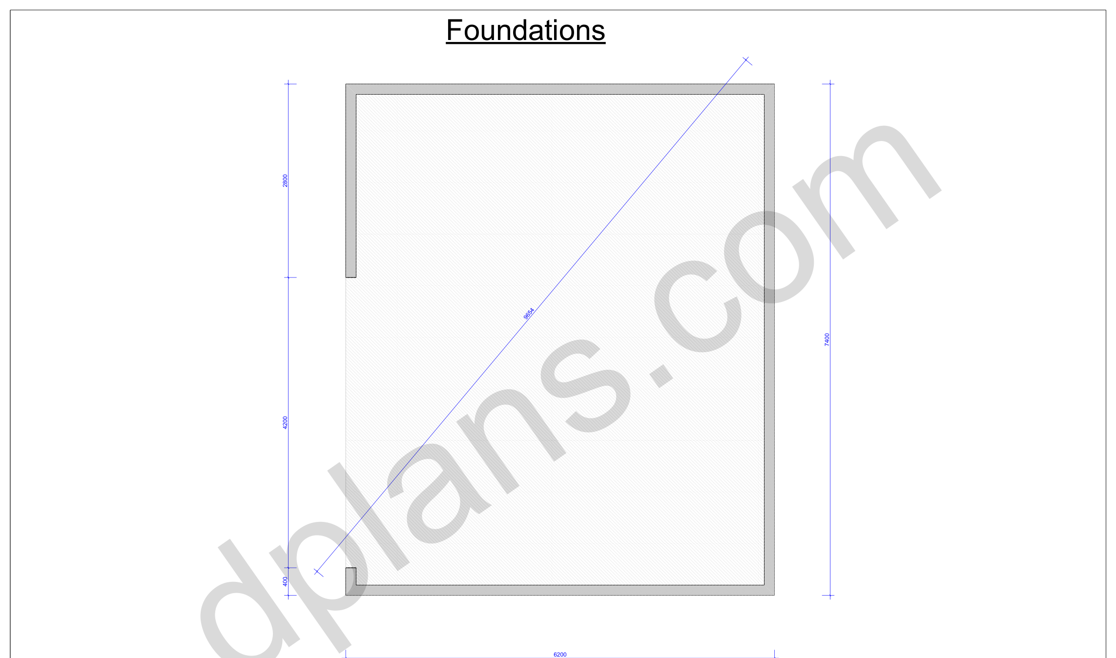 Garagen-Bauplan 7,4 x 6,2 m, Fundamentplan mit Umriss der Betonbodenplatte und Diagonalkontrolle (metrisch, mm)