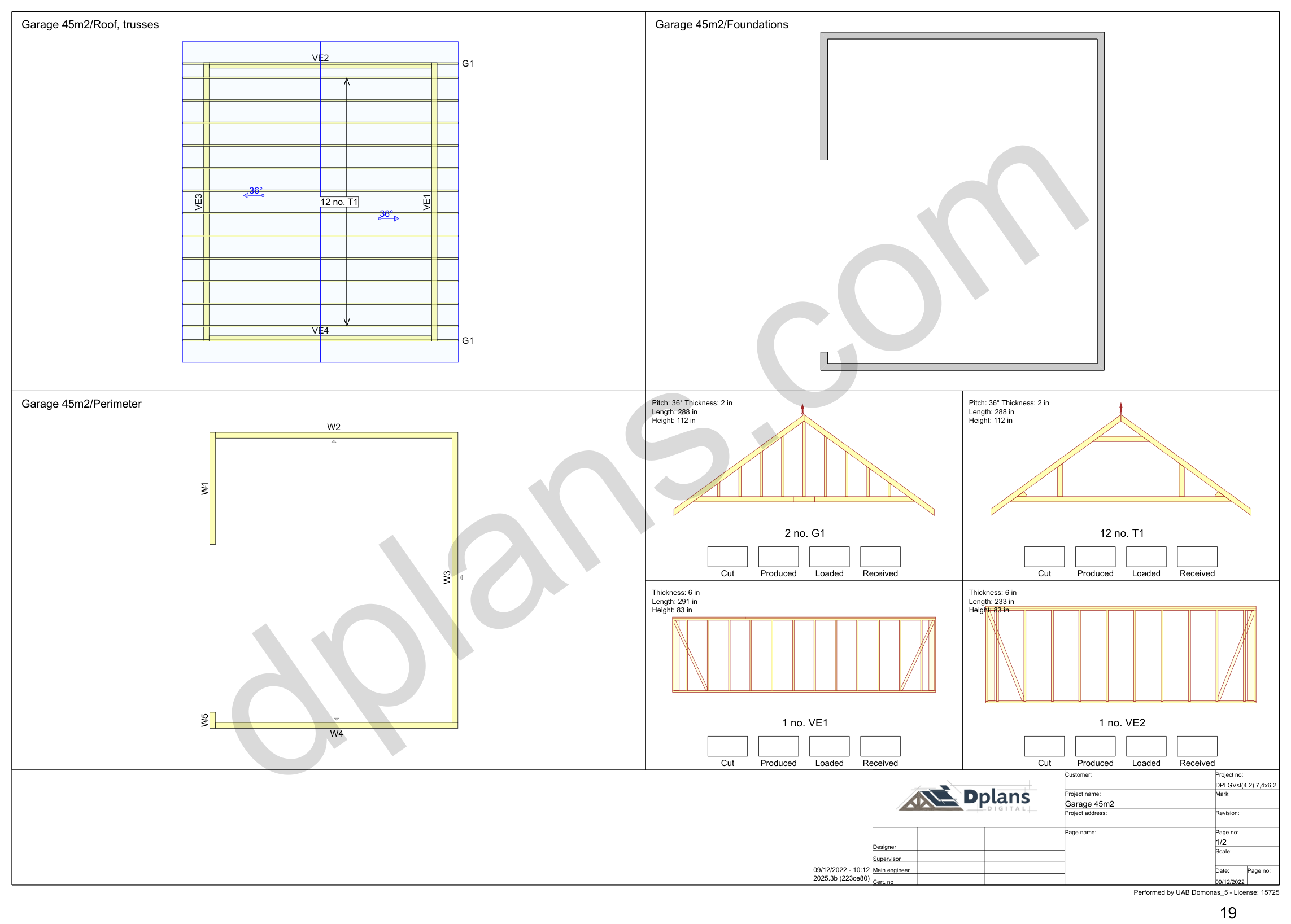 Garagen-Bauplan 7,4 x 6,2 m, Übersichtsblatt mit Binderplan, Fundament, Umriss und Wandelementen (imperial, Zoll)