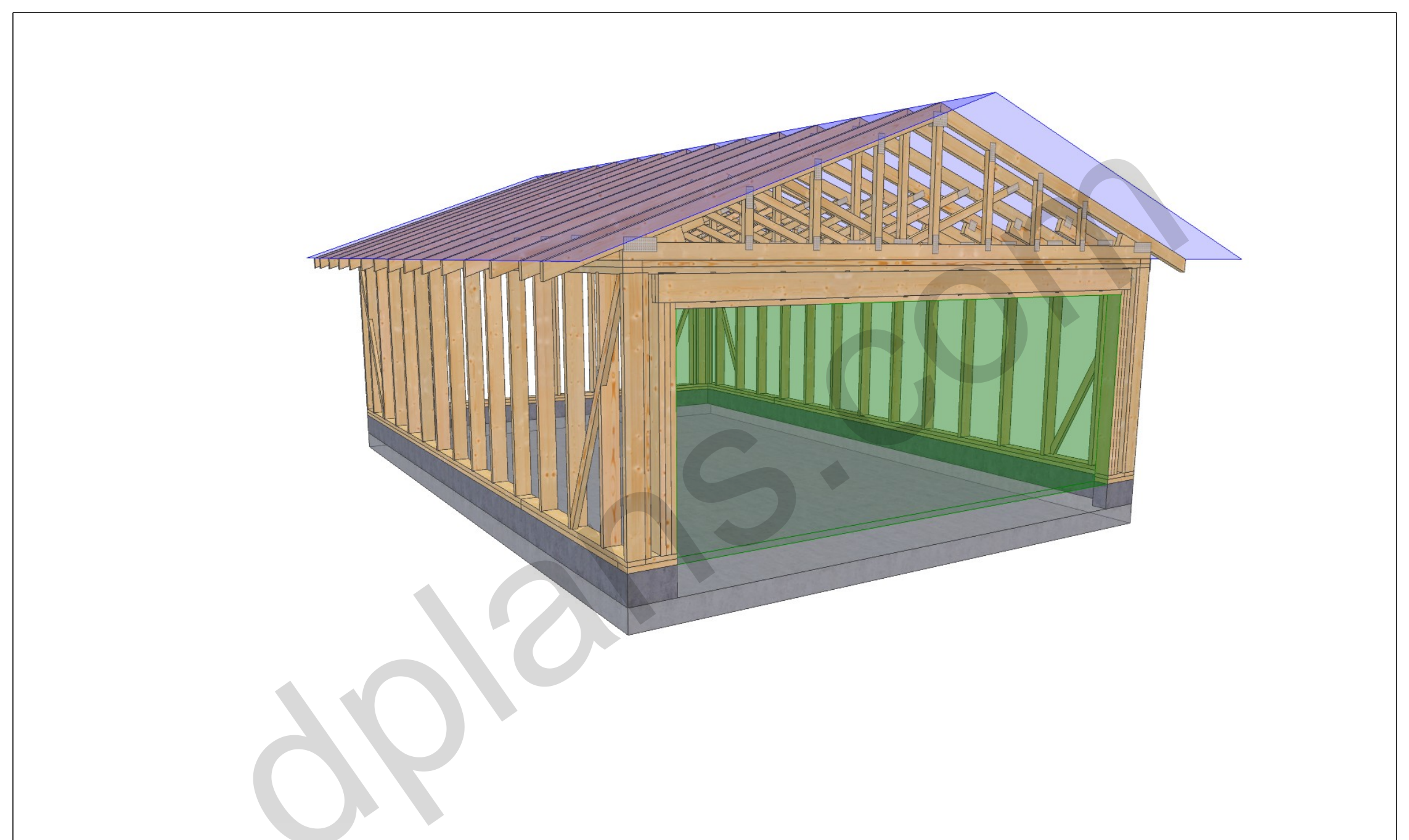 26x18 garage plans, 3D framing view of the stud walls, bracing and roof trusses over the slab