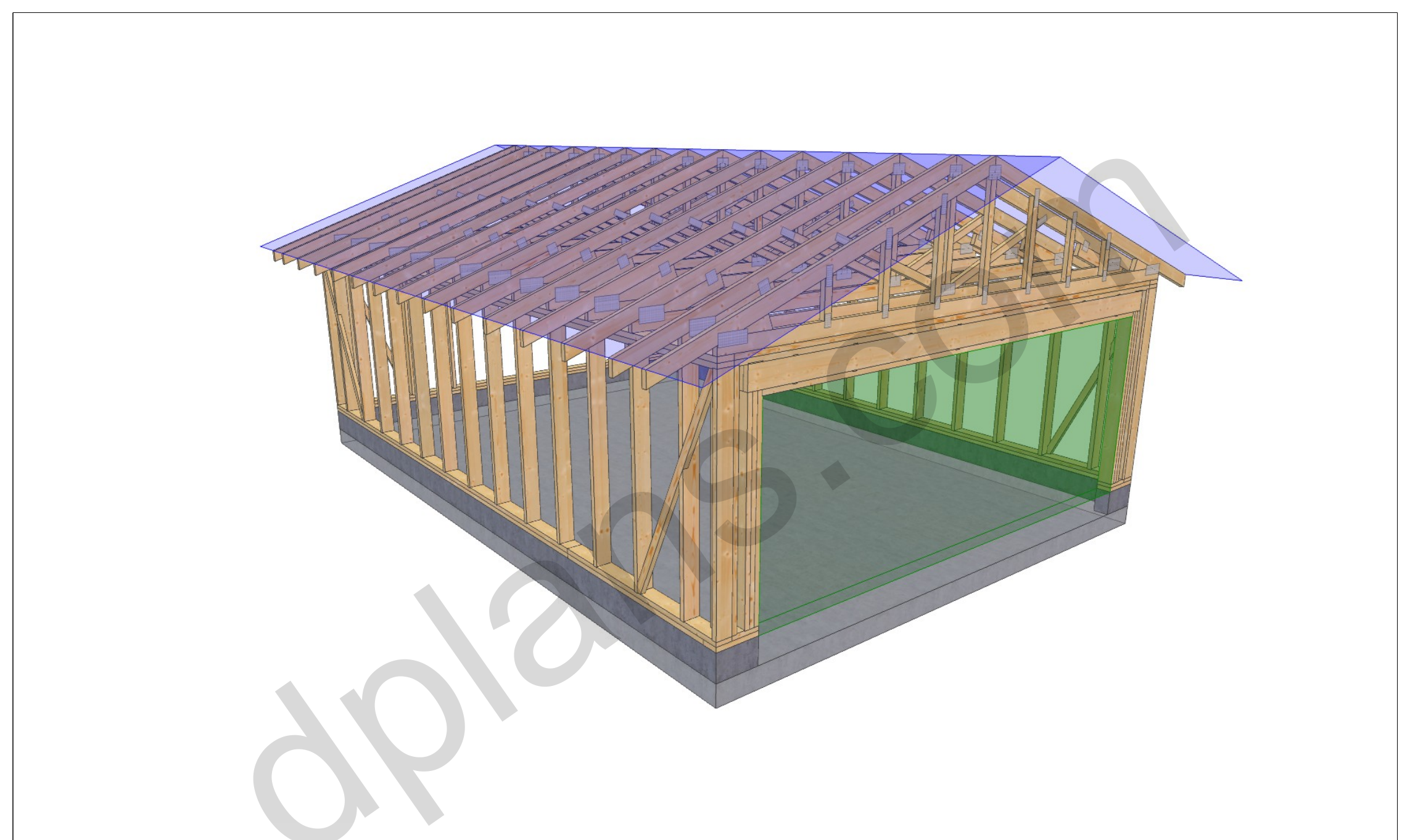 26x18 garage plans, 3D model of the timber frame garage with roof trusses on a concrete slab