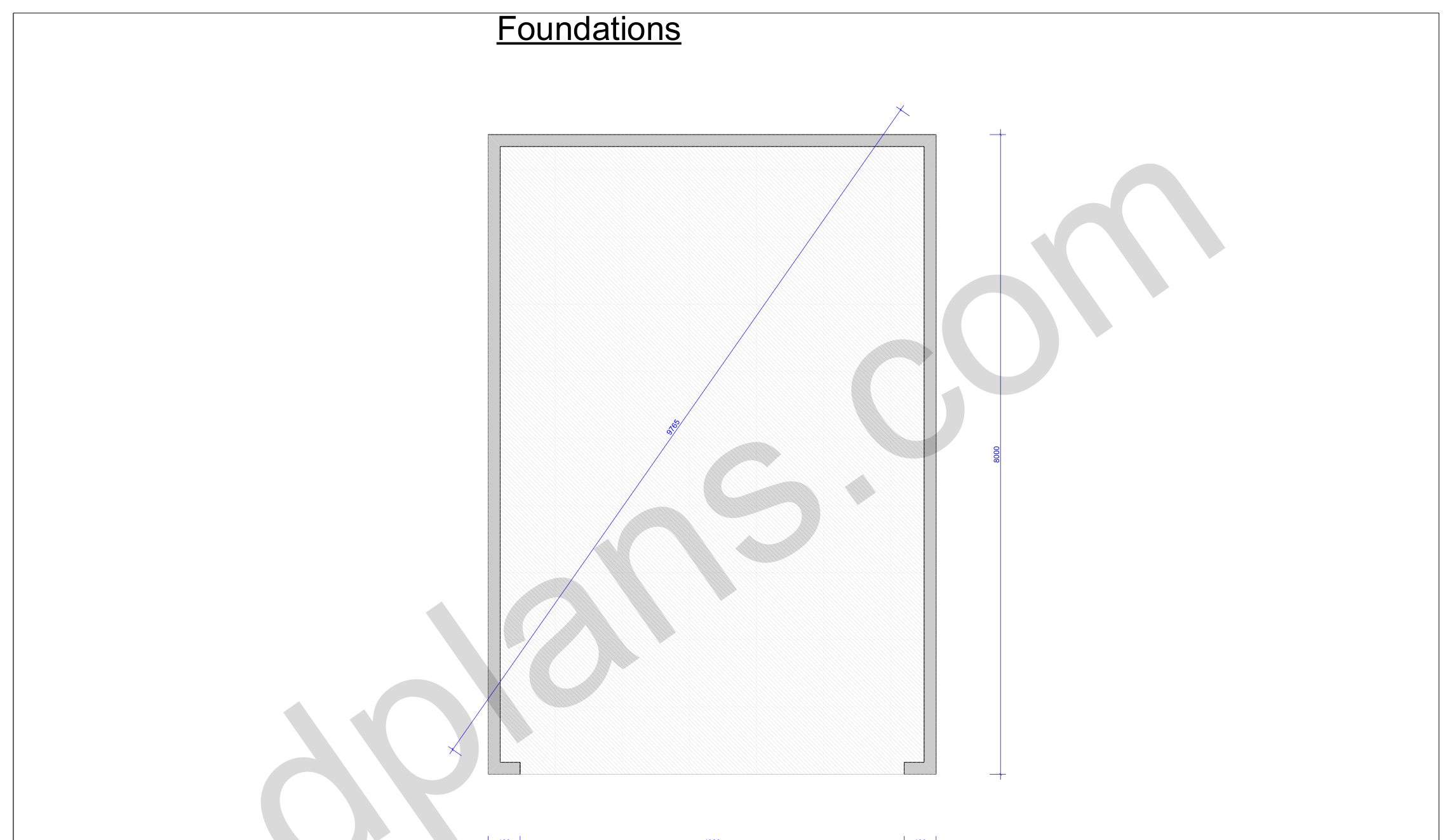 26x18 garage plans, foundation plan with the concrete slab outline and diagonal check (metric, mm)