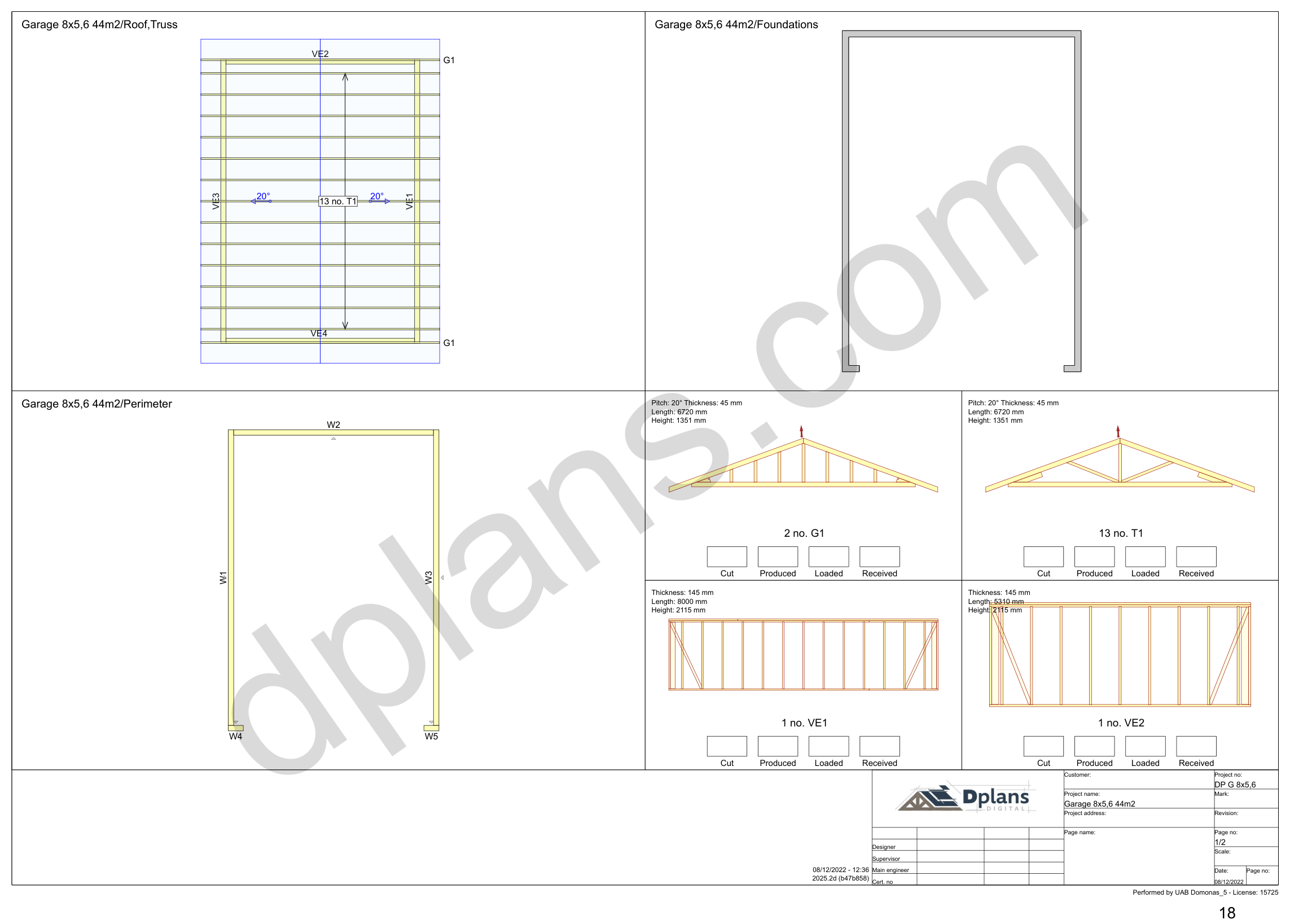26x18 garage plans, overview sheet with the truss plan, foundation, perimeter and wall panels (metric, mm)