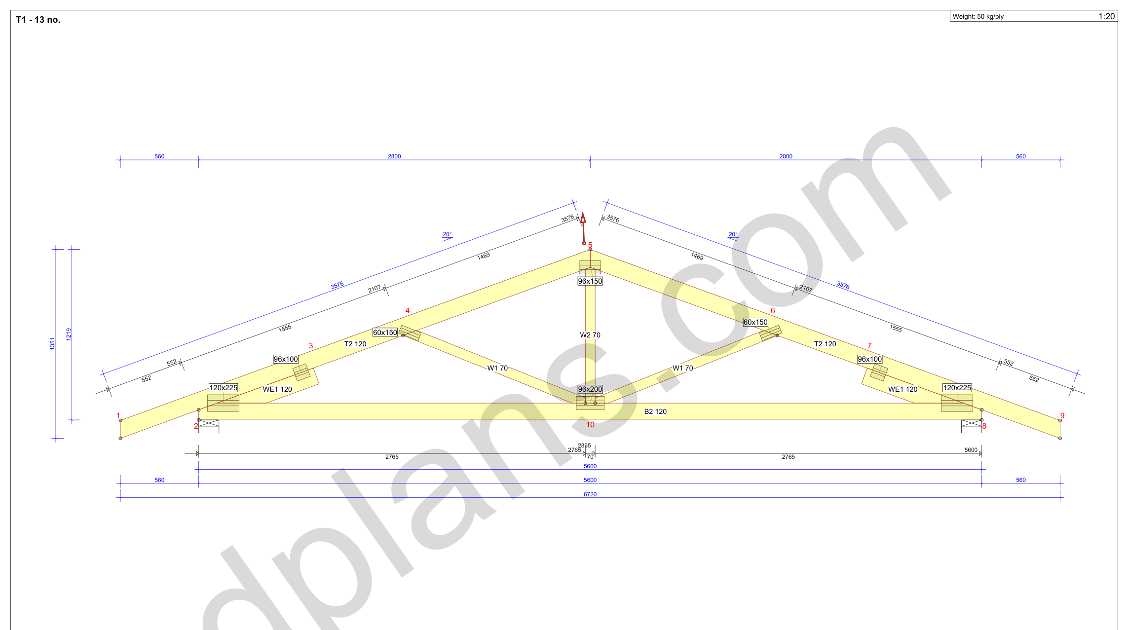 26x18 garage plans, roof truss drawing with chord and web sizes and the cutting list (metric, mm)