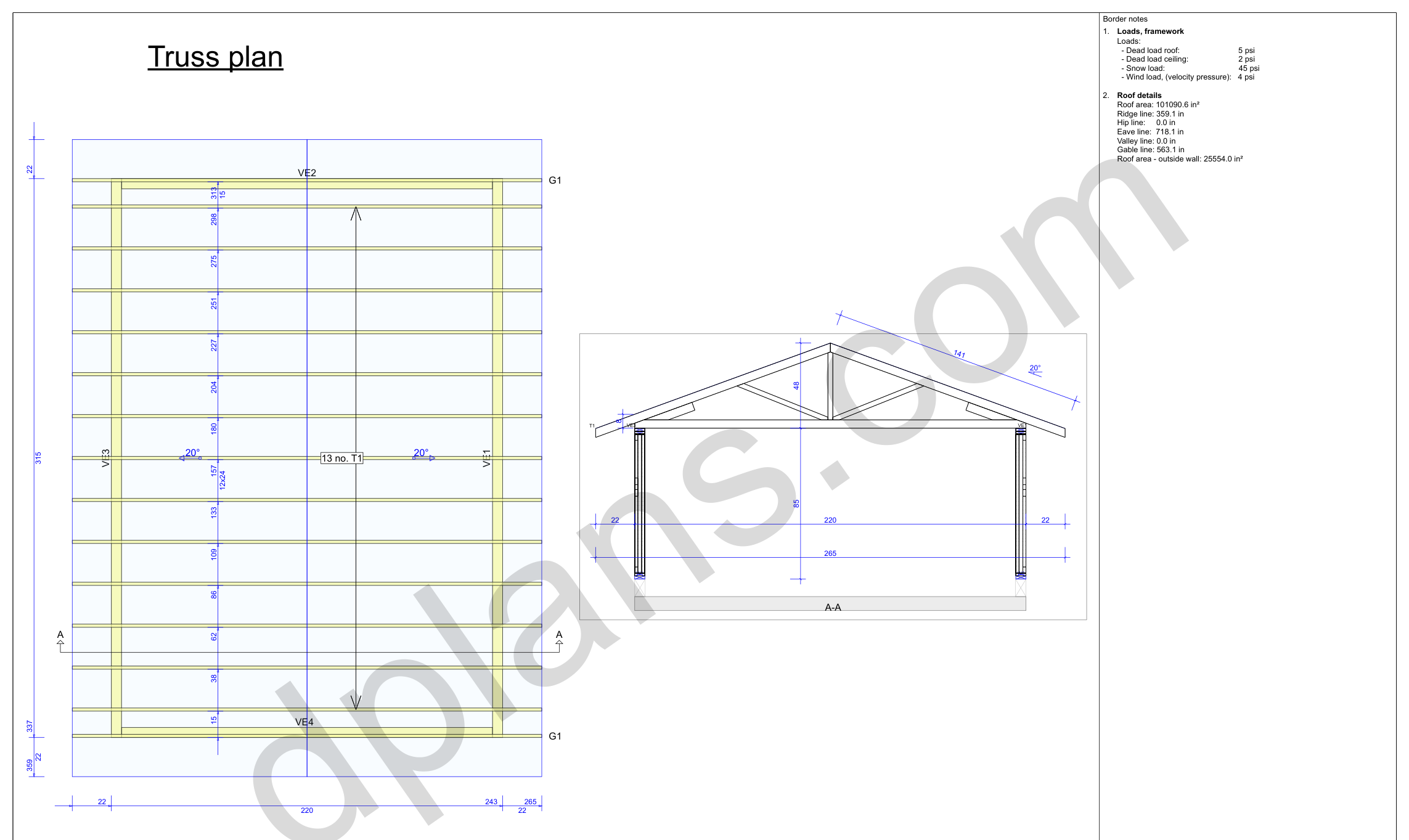 26x18 garage plans, roof truss layout plan and cross section with wall and ridge heights (imperial, inches)