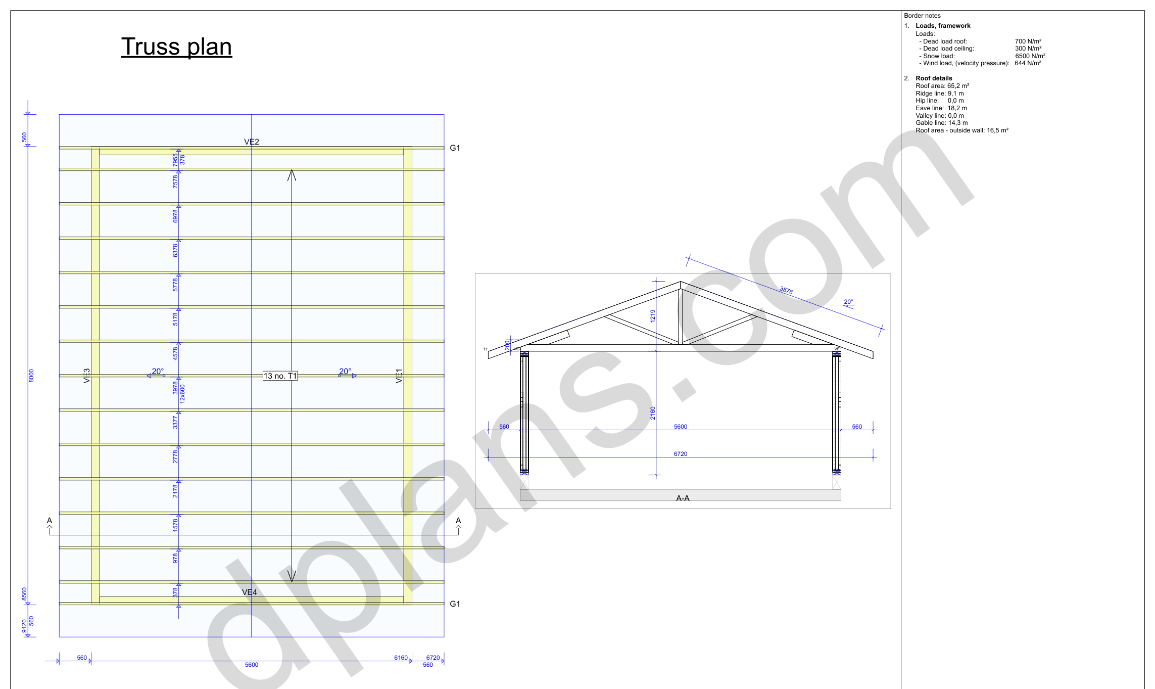 26x18 garage plans, roof truss layout plan and cross section with wall and ridge heights (metric, mm)