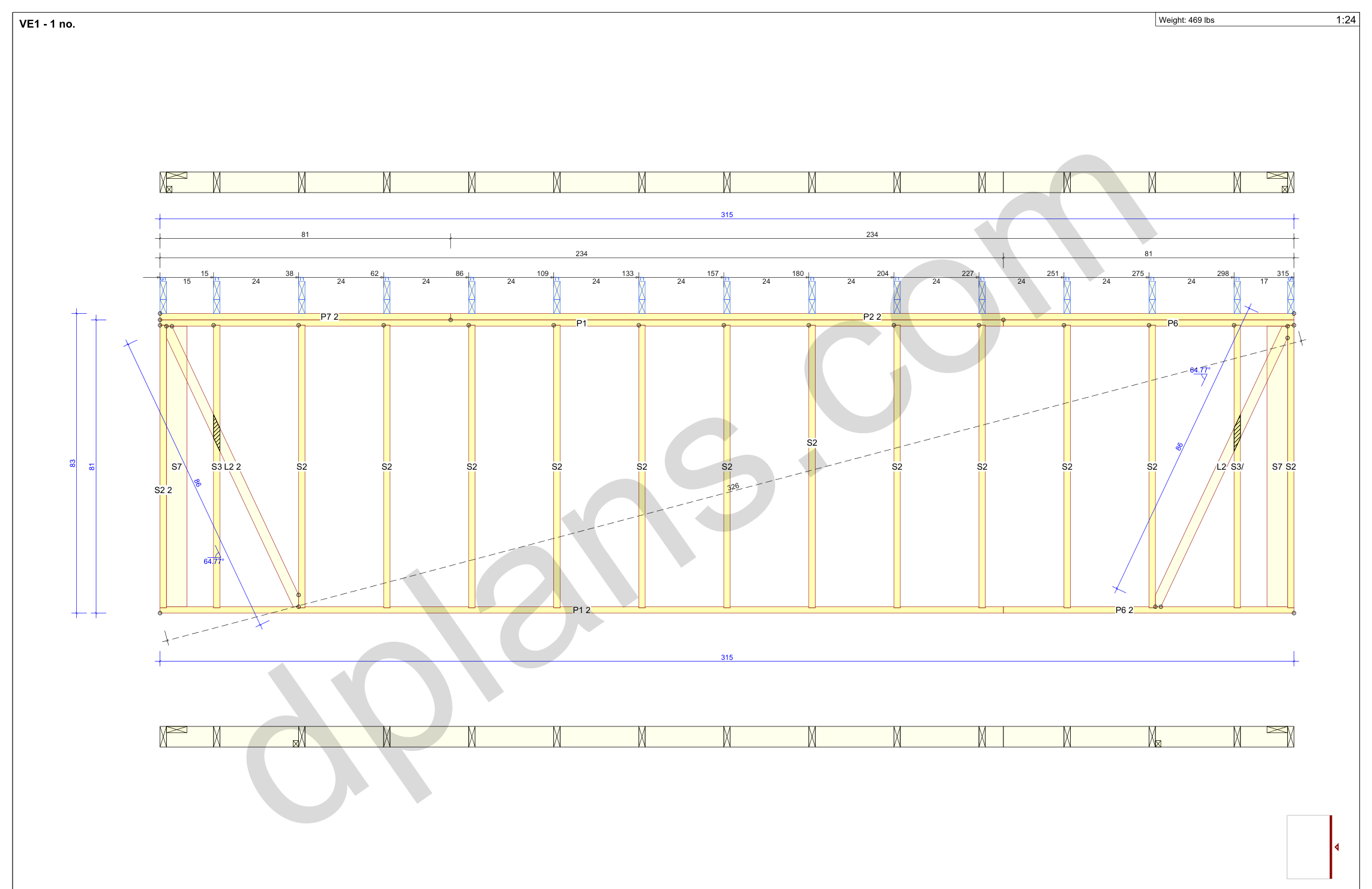 26x18 garage plans, wall panel framing elevation with stud spacing and the cut list (imperial, inches)