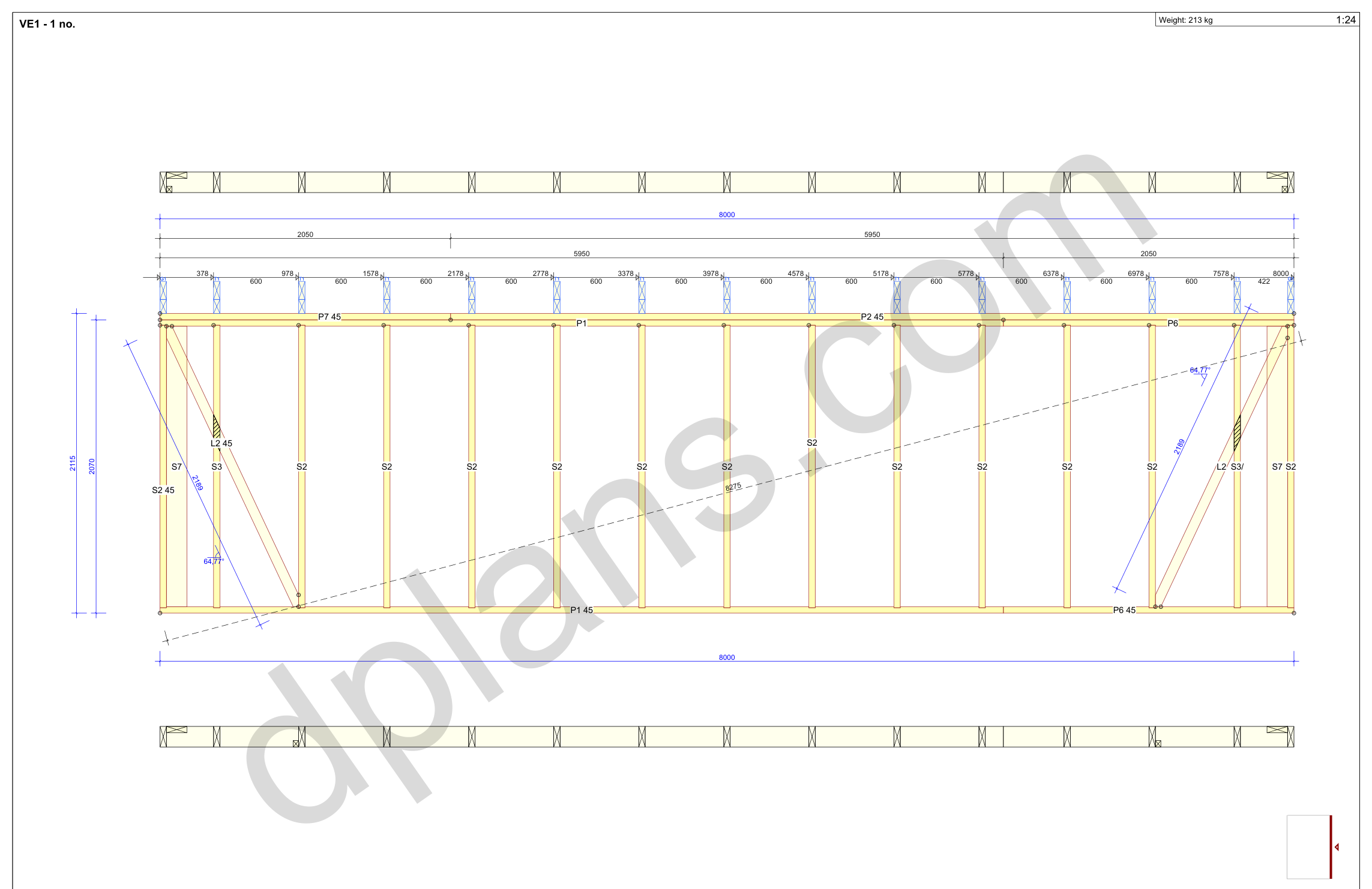 26x18 garage plans, wall panel framing elevation with stud spacing and the cut list (metric, mm)