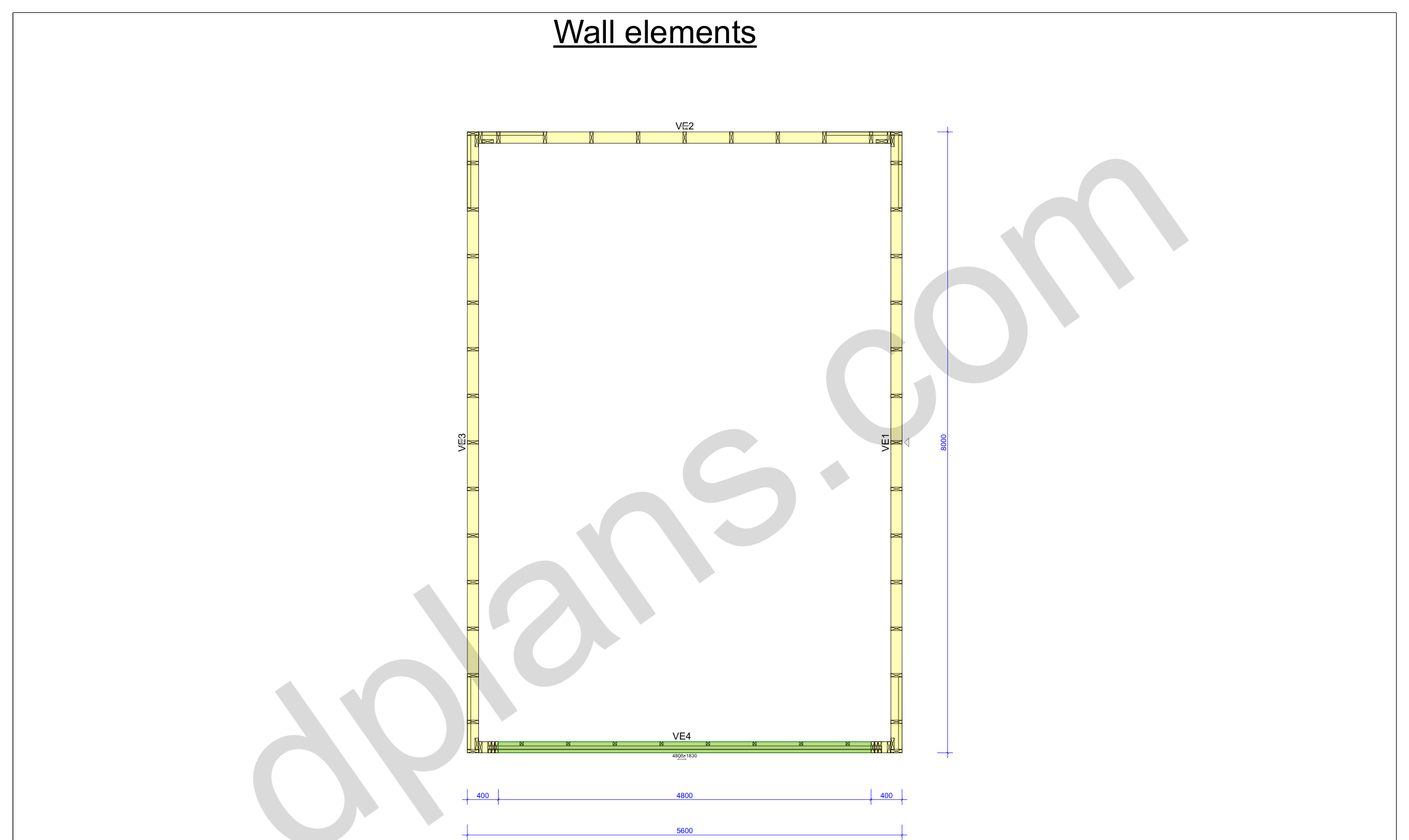 26x18 garage plans, wall layout plan with the four wall panels and the door opening (metric, mm)