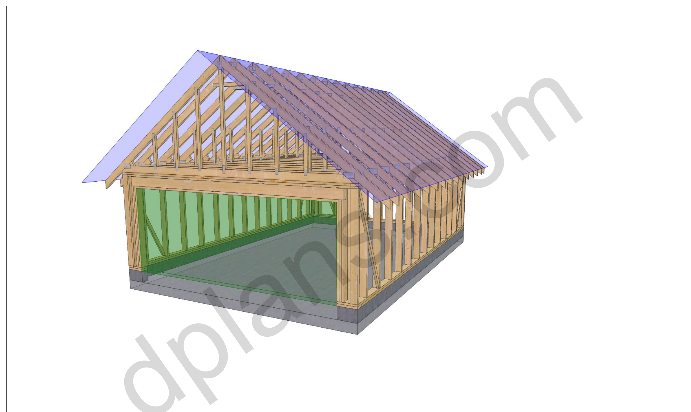 Byggetegning garage 8 x 5,6 m, 3D-visning af træskelettet med portåbning og gitterspær