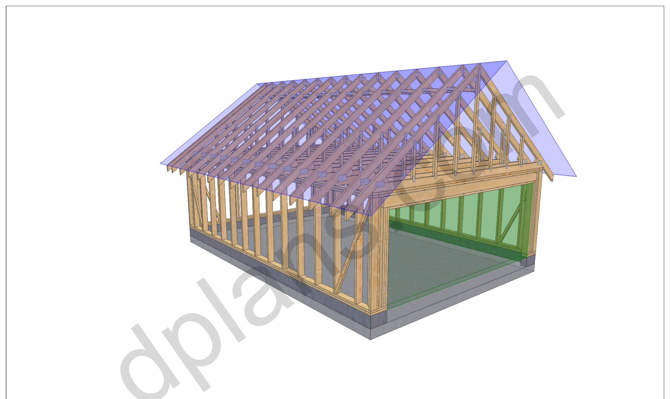 26x18 garage plans, 3D framing view of the stud walls, bracing and roof trusses over the slab