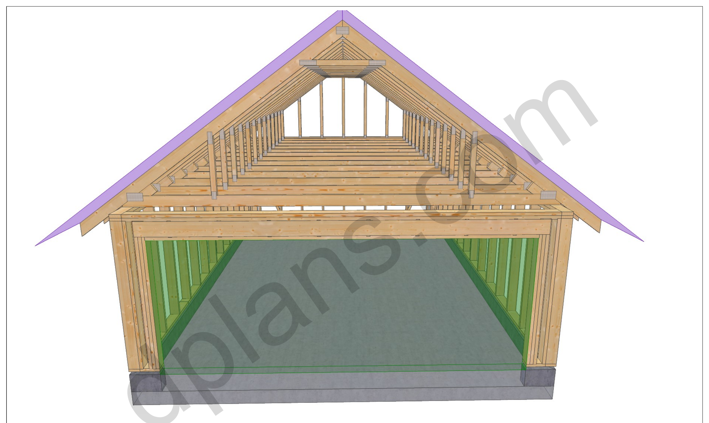 26x18 garage plans, 3D model of the timber frame garage with roof trusses on a concrete slab